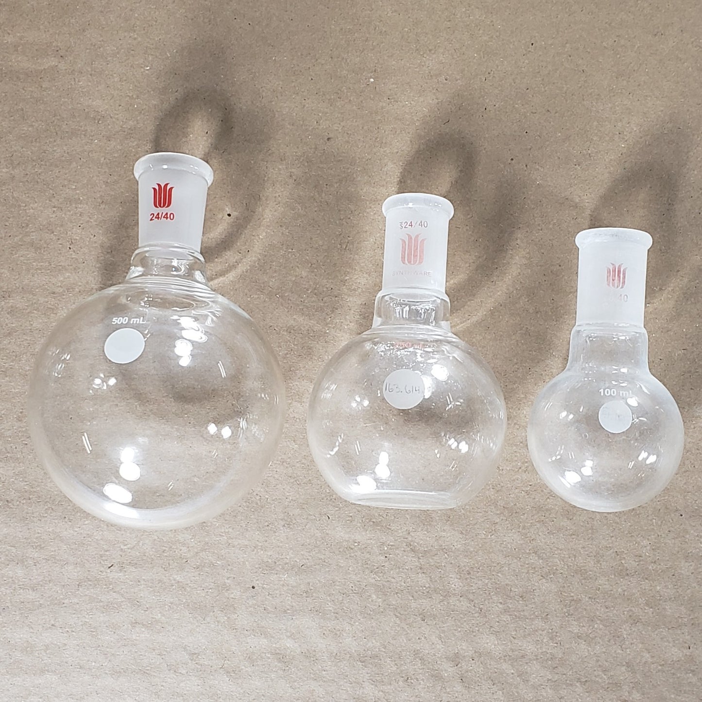Lot of Synthware F304500/250/100 Heavy Glass Round Flasks 24/40 500/250/100mL