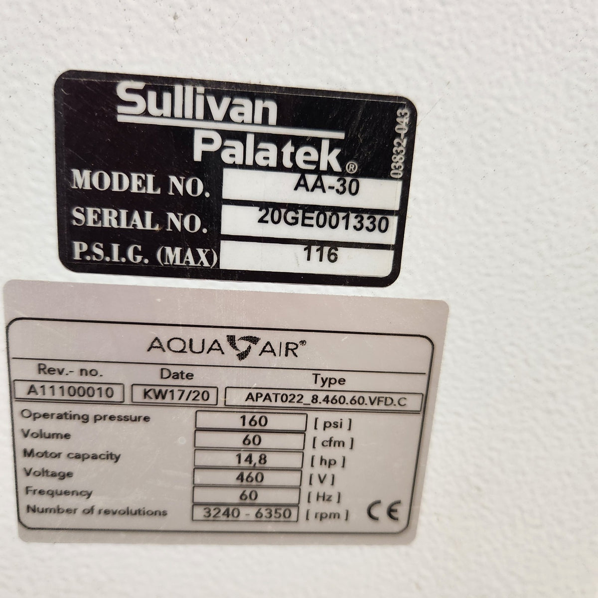 Sullivan-Palatek AA-30 30HP 120CFM Oil-Free Air Compressor w SPRF-145A Air Dryer