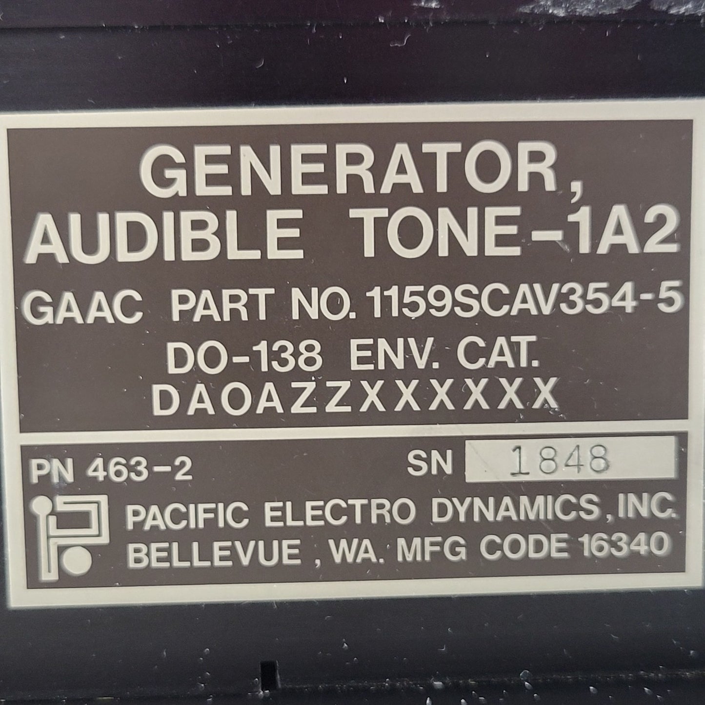 PACIFIC ELECTRO DYNAMICS Generator Audible Tone-1A2 GAAC 1159SCAV354-5, 463-2