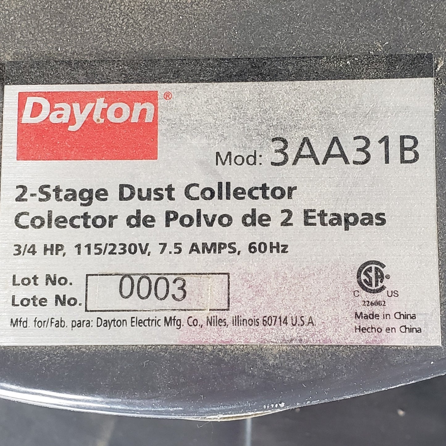 Dayton 3AA31B 2-Stage Dust Collector 3/4HP 600 CFM 115/230V Manual