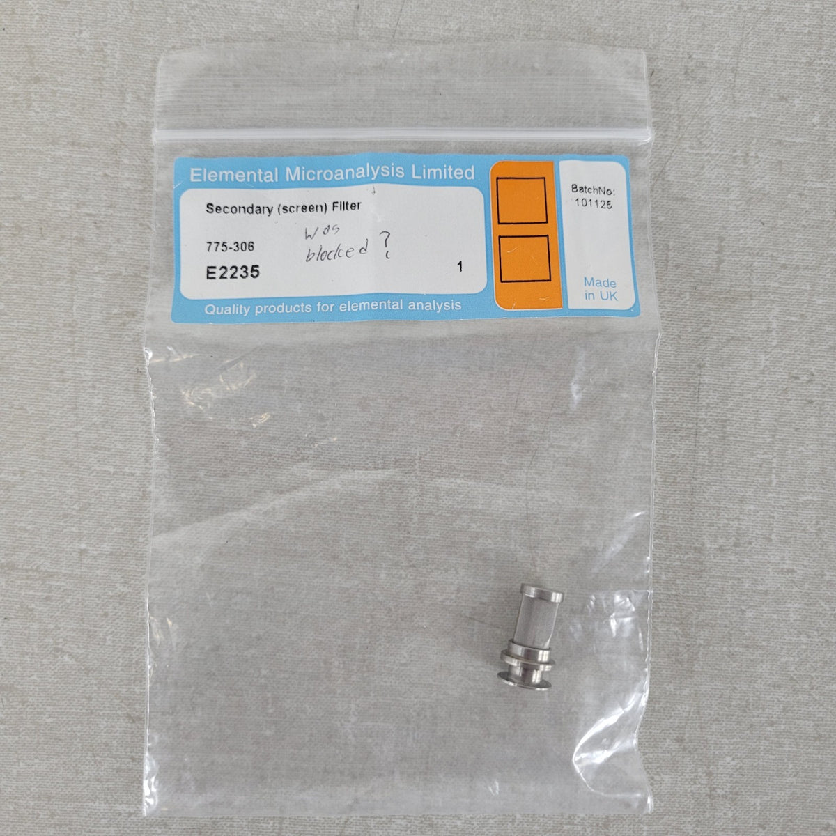 Elemental Microanalysis E2235 LECO 775-306 10 Micron Secondary Screen Filter