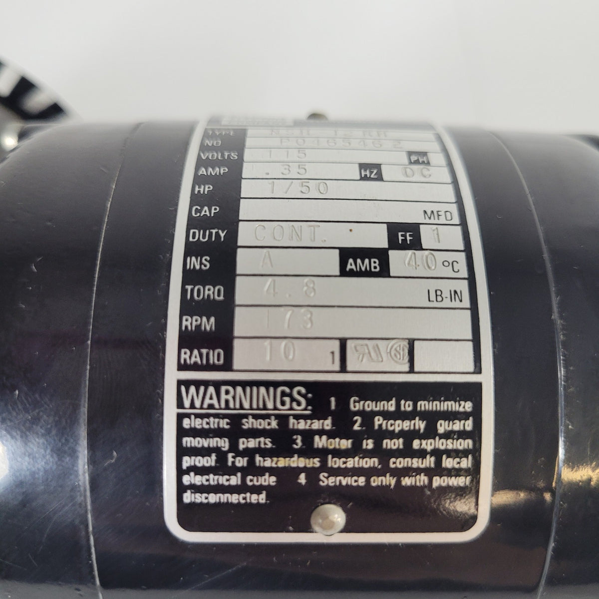 Bodine NSH-12RH P0465462 DC Gearmotor 115VDC 173RPM 10:1 1/50HP 4.8 lb-in