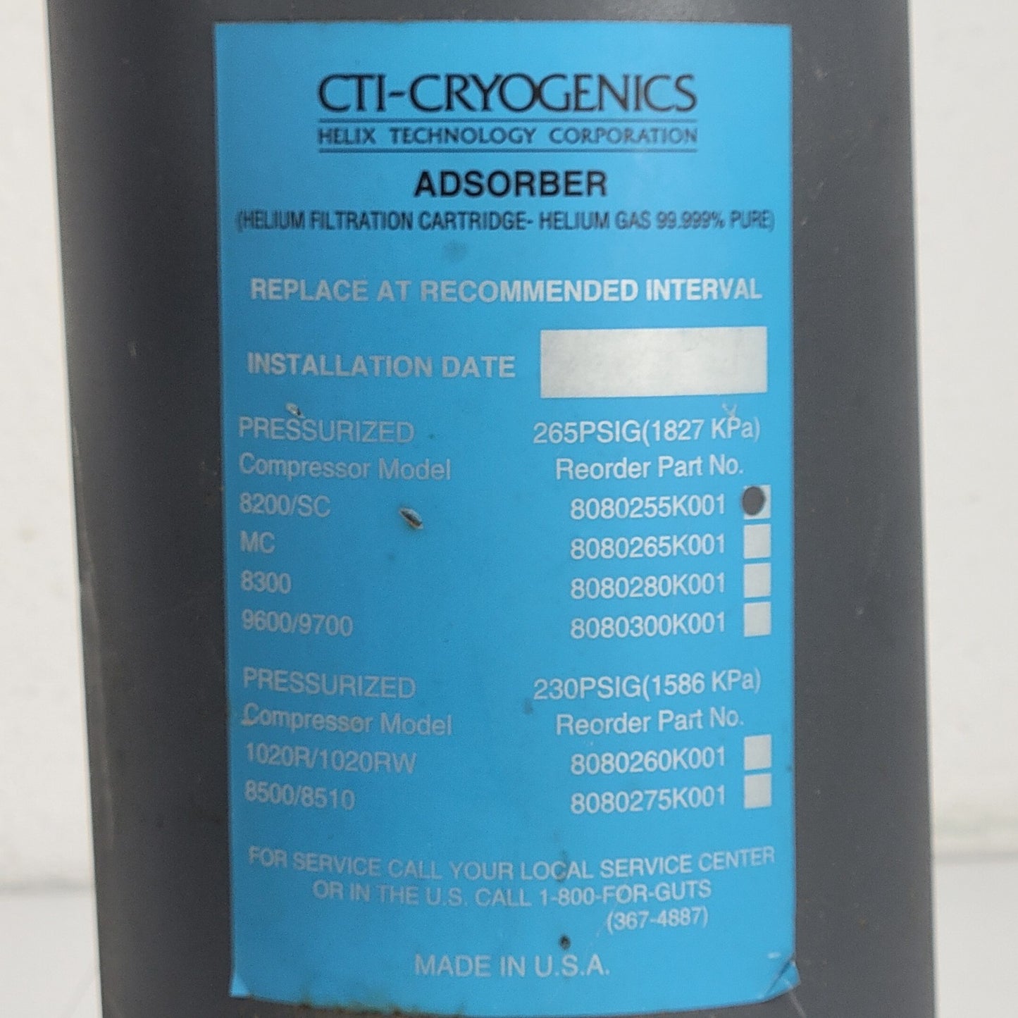 AS-IS CTI Cryogenics 8080255K001 8200 SC Helium Compressor Adsorber Cartridge