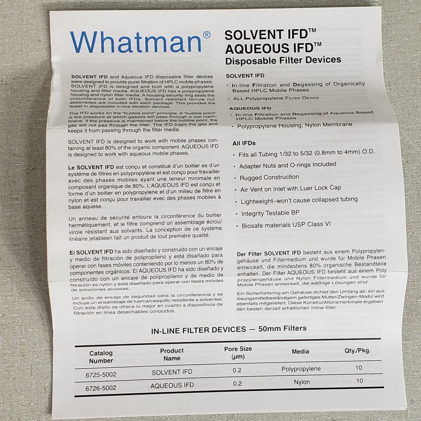 Whatman 6726-5002 50mm Dia 0.2um Pore Disposable Aqueous In-Line Filters 10/pk