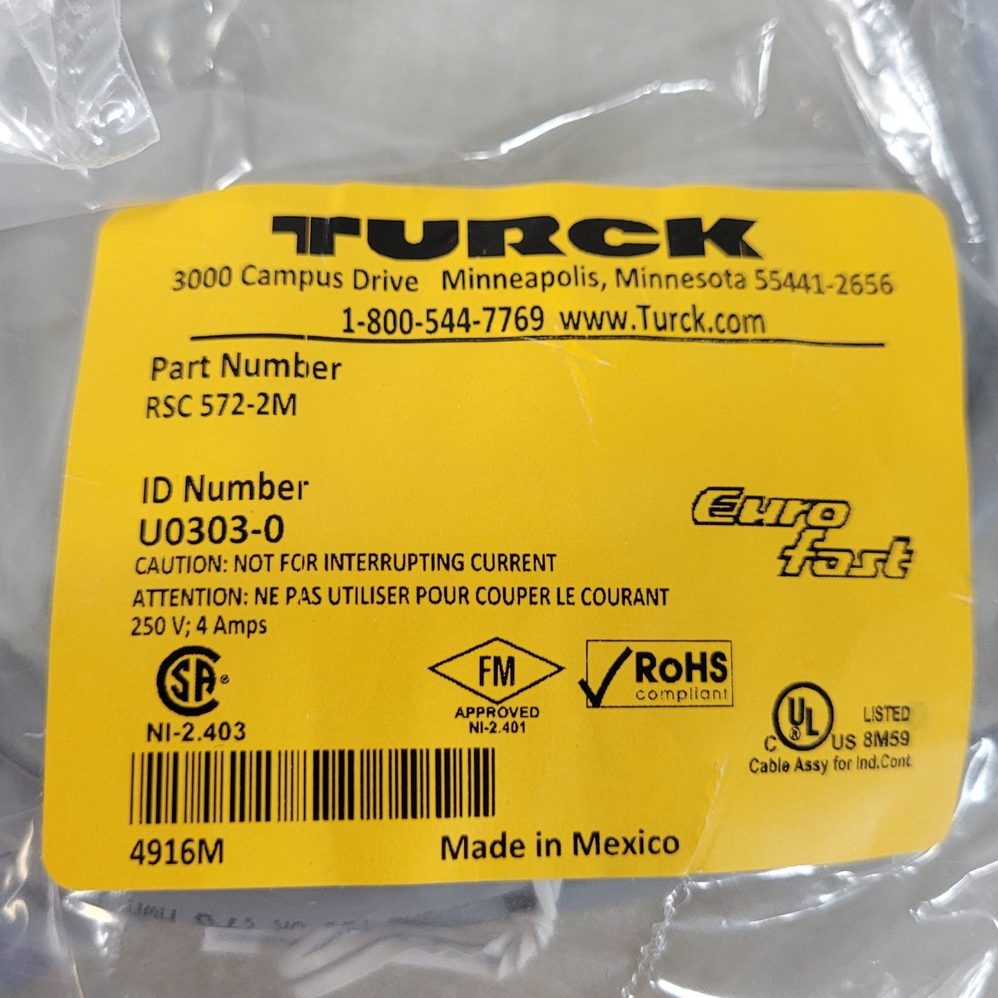 Turck RSC 572-2M U0303-0 DeviceNet Cordset Cable M12 Male 5-Pin Pigtail 2M