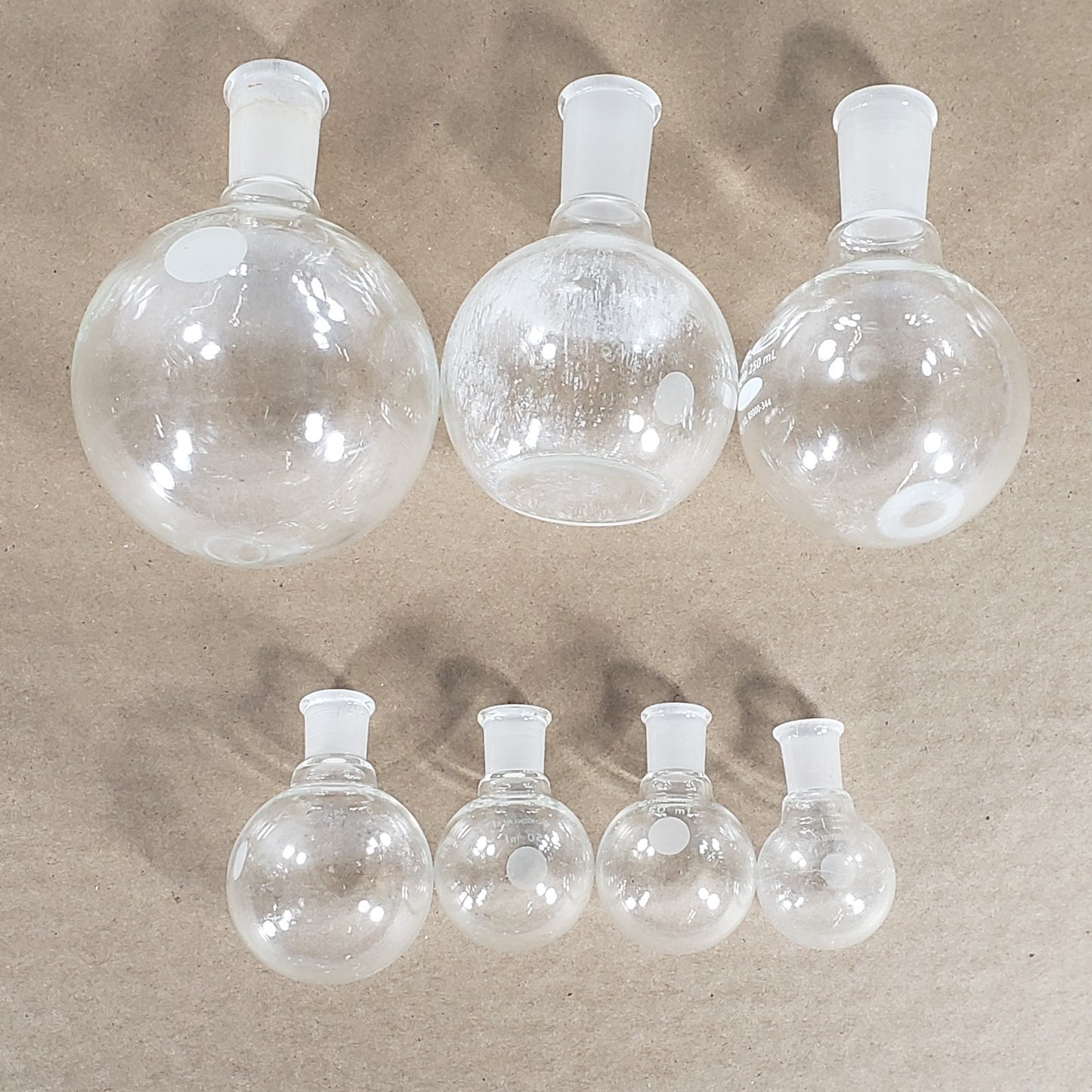 Lot of Chemglass CG-1518-20/90/88/86 Round Bottom Flasks 500/300/250/100/50/25mL