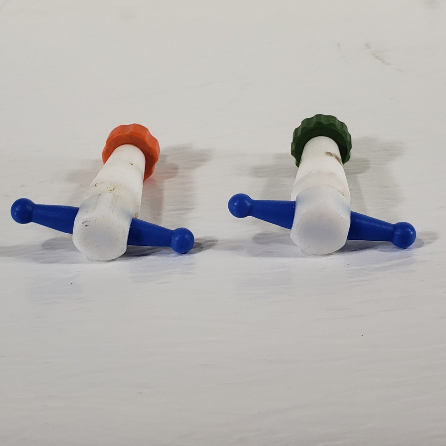 Two PTFE 13/24mm 2mm Bore Tapered Stopcocks, Blue w/Color Mismatch Screw-In Nuts