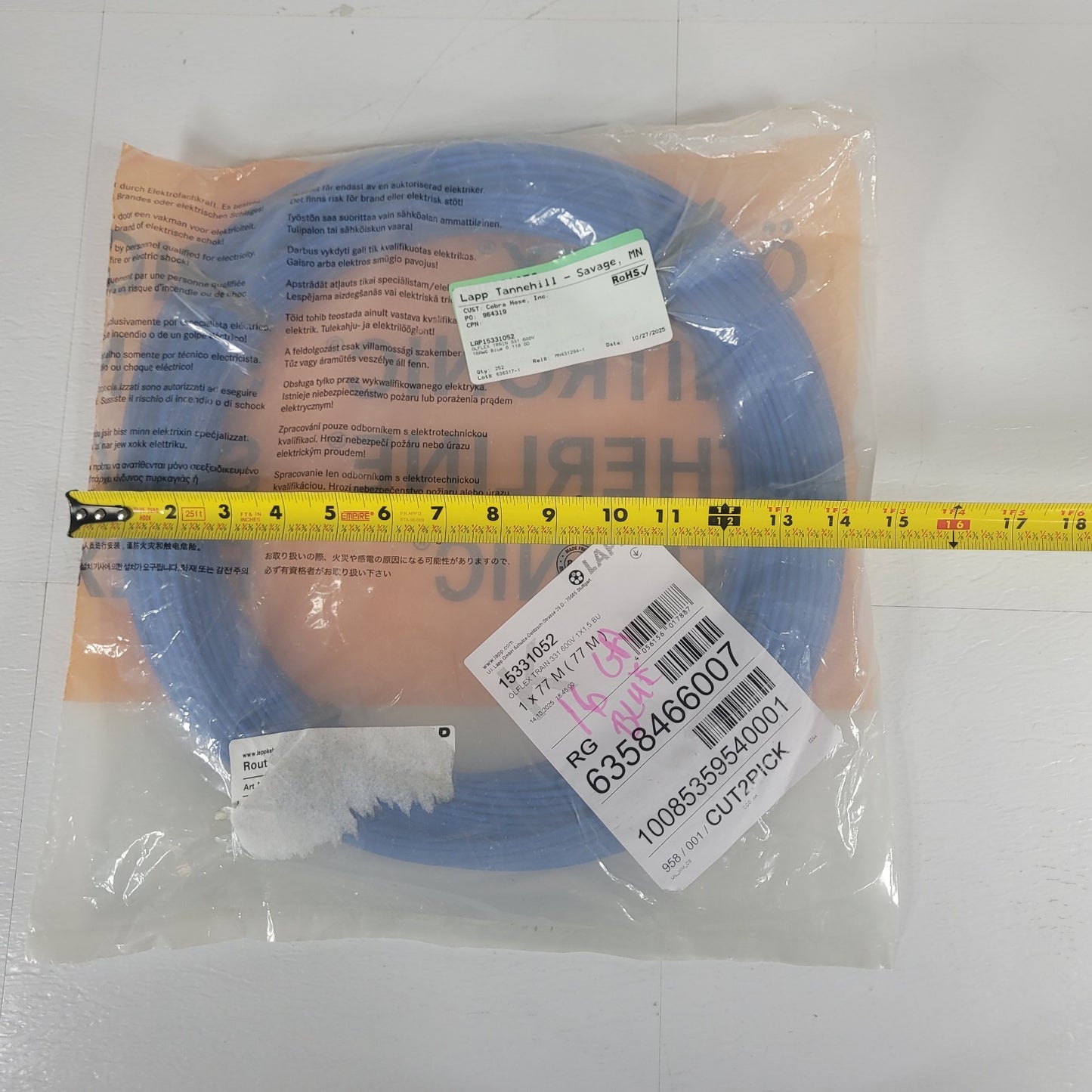 LAPP 15331052 OLFLEX TRAIN 331 600V 1x1.5mm Blue Rail Wire 240ft