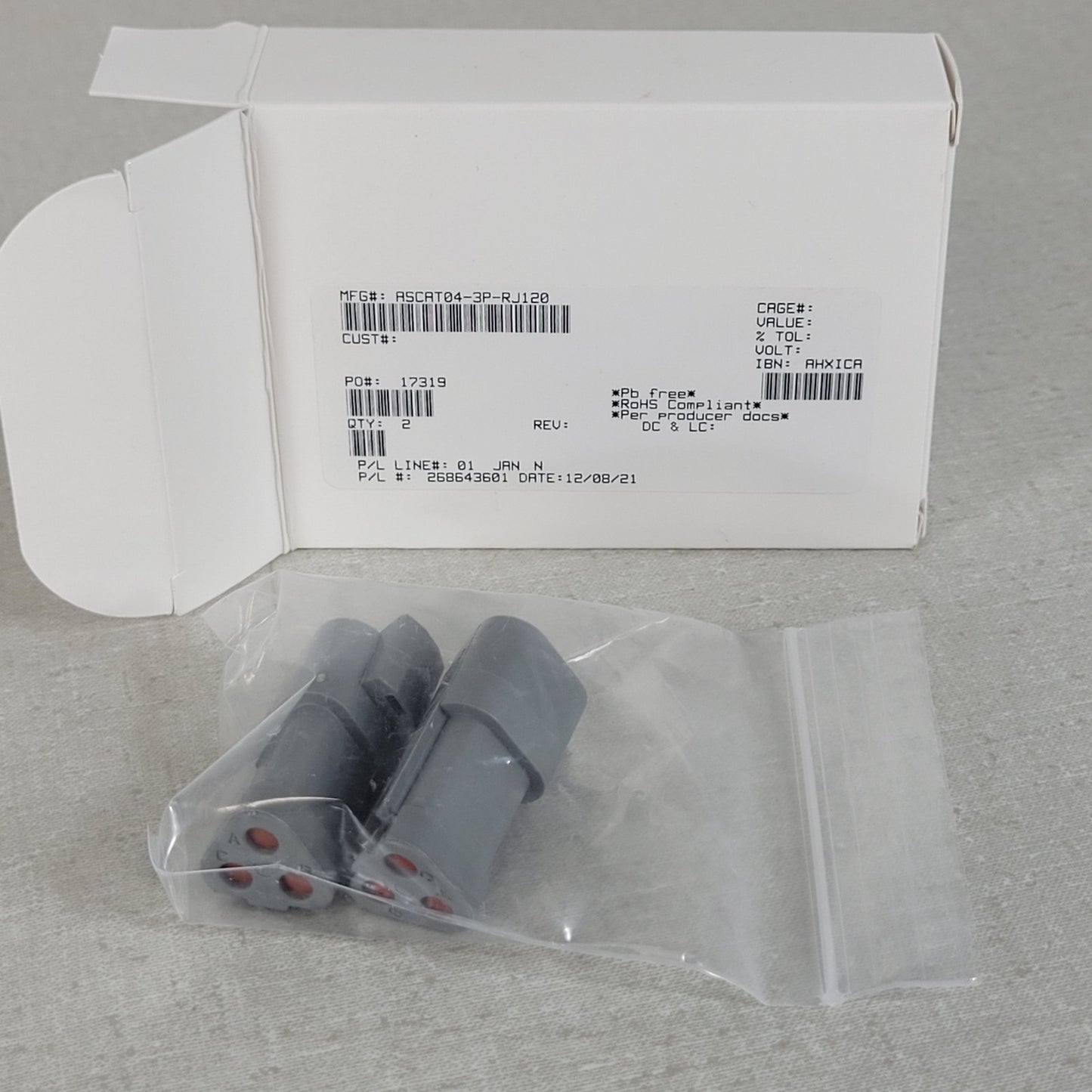 2x Amphenol Sine AT04-3P-RJ120 AT Series 3-Way Pin J1939 Receptacle 120 Ohm Gray