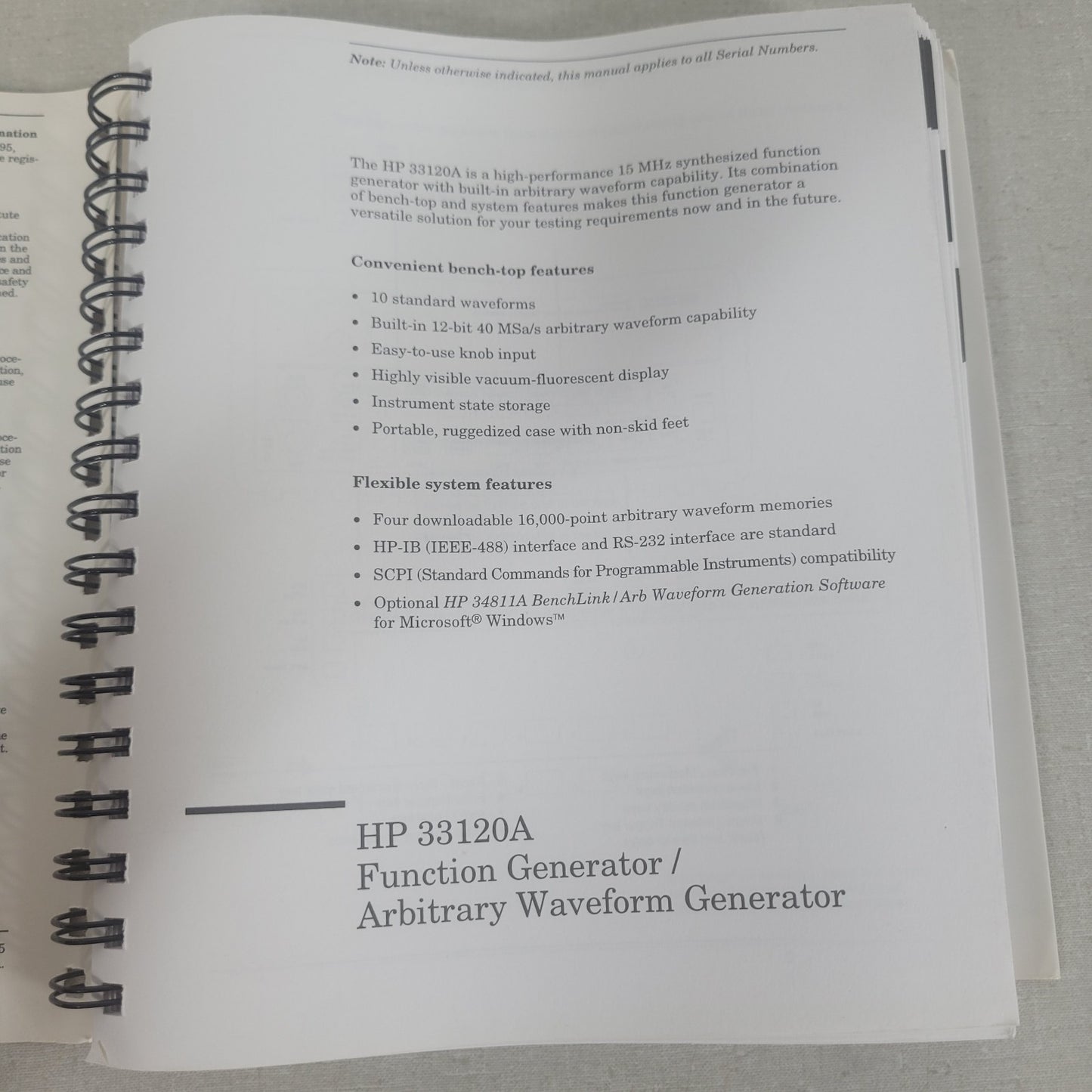HP 33120-90005 33120A 15MHz Function Arbitrary Waveform Generator User's Guide