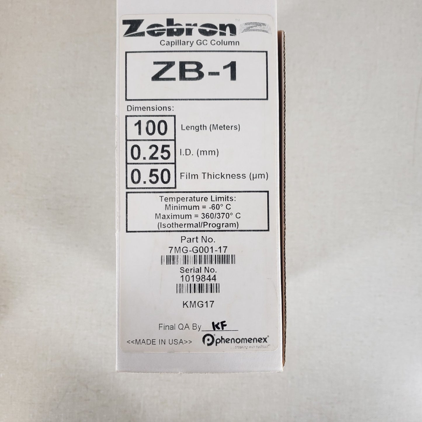 Phenomenex Zebron 7MG-G001-17 Capillary GC Column 100 Meters Length 0.25 mm I.D.