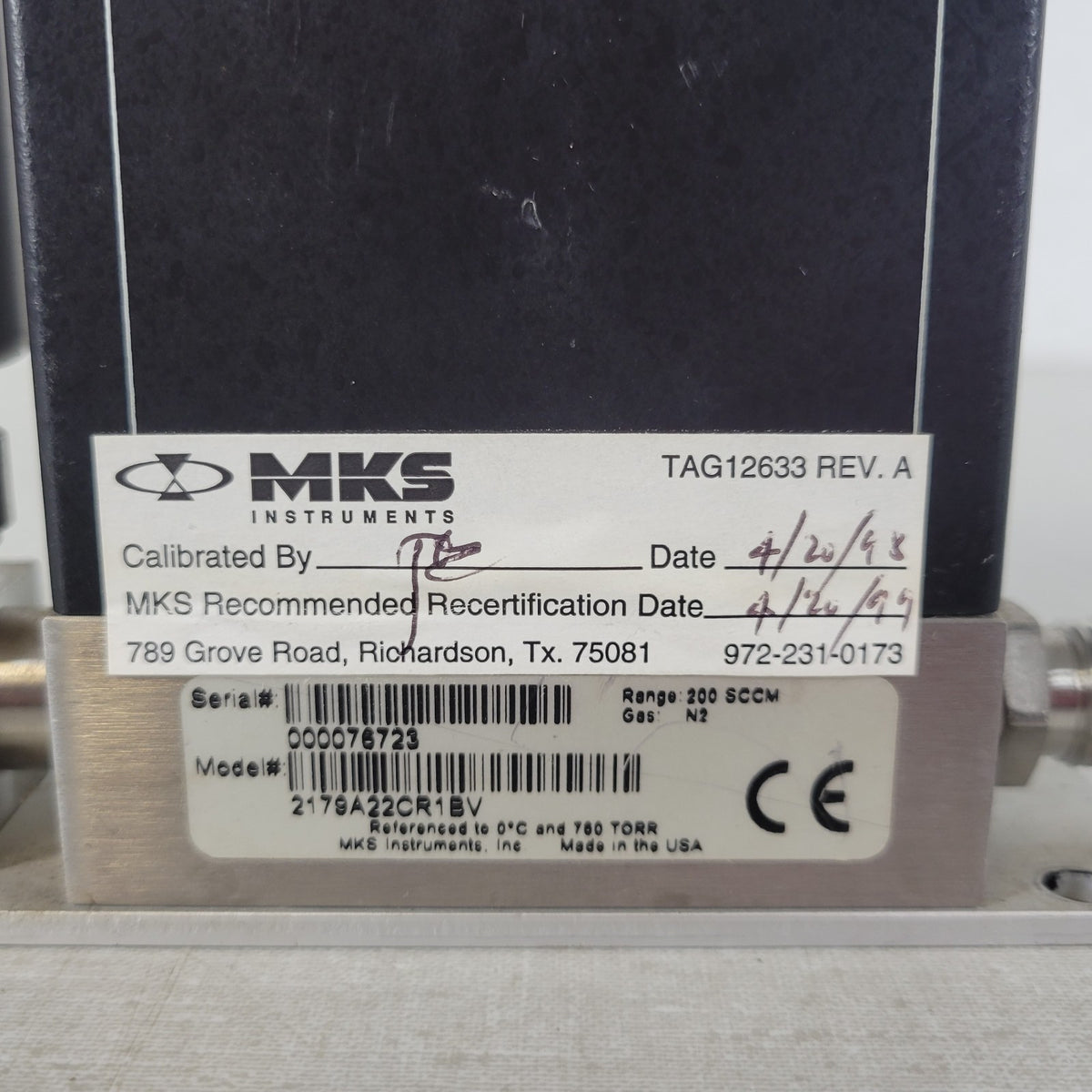 MKS 2179A22CR1BV 200 SCCM N2 Mass-Flo Controller MFC 1/4in VCR 15-Pin Mass Flow
