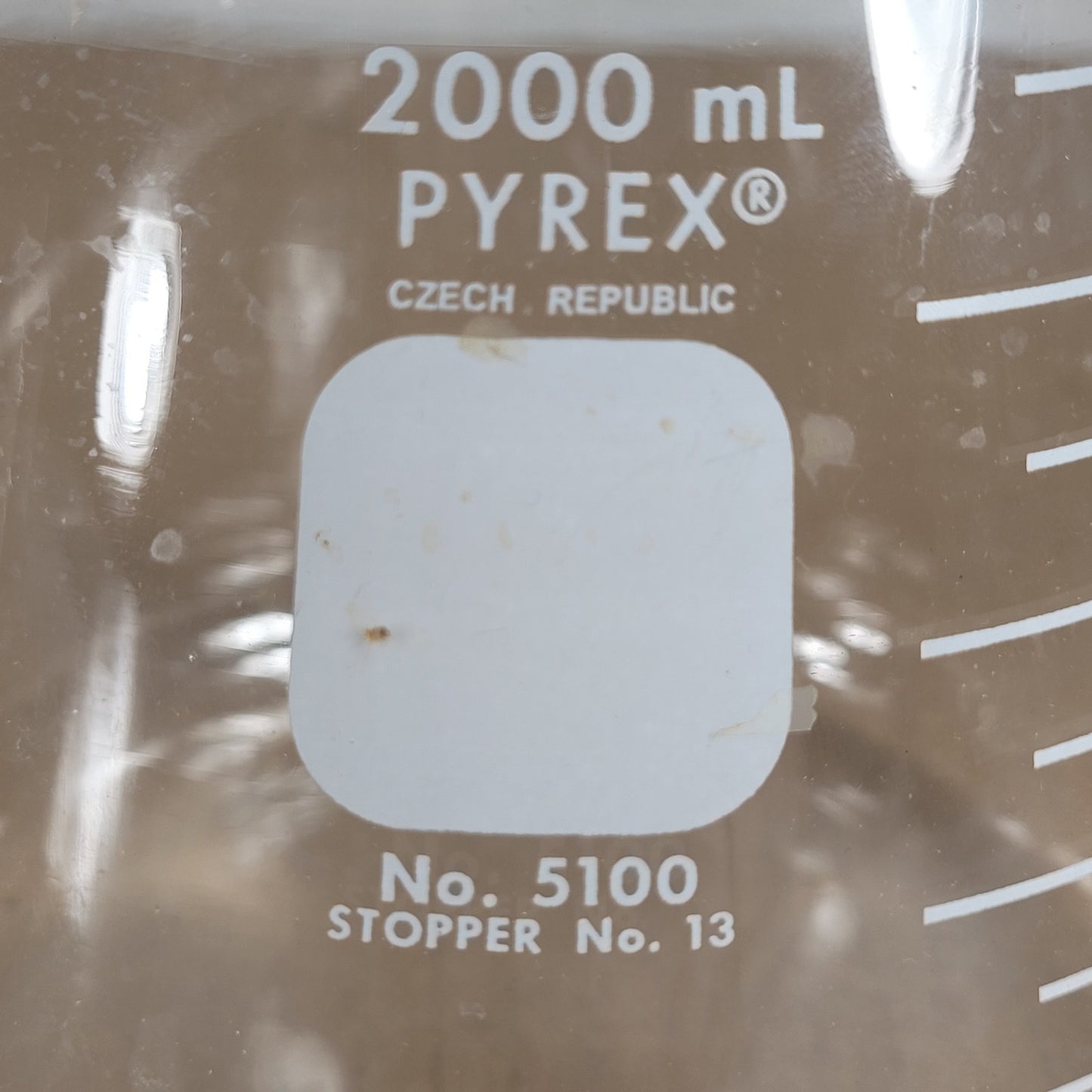 Corning Pyrex No. 5100 Glass 2000mL Erlenmeyer Flask w/Stopper Opening Size 13