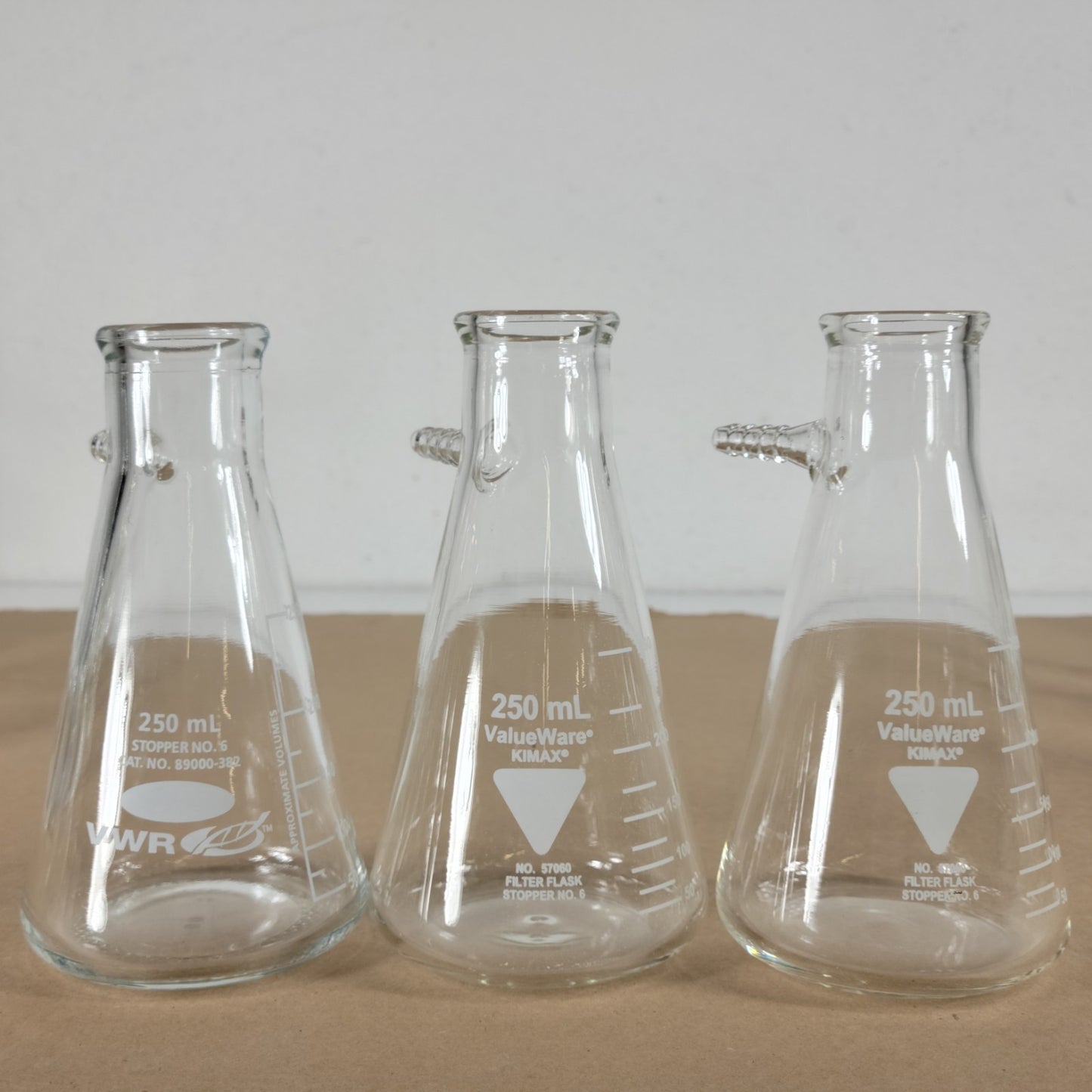 Lot of 3 Filter Flasks 2 Valueware 57060-250 & 1 VWR 89000-382 250mL #6 Stopper
