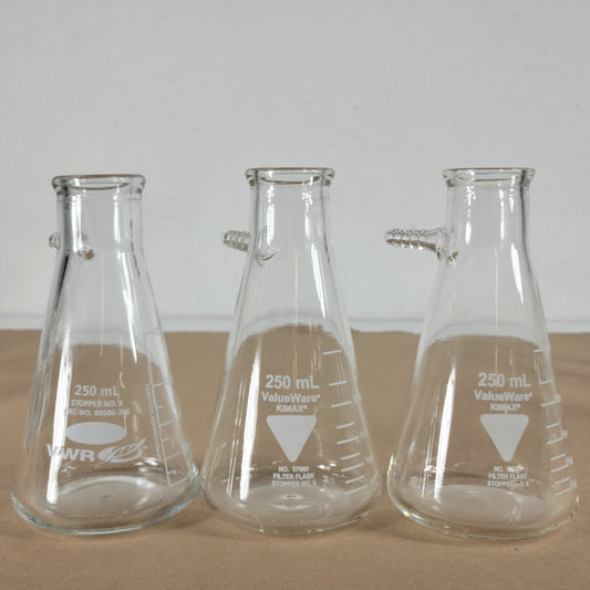 Lot of 3 Filter Flasks 2 Valueware 57060-250 & 1 VWR 89000-382 250mL #6 Stopper