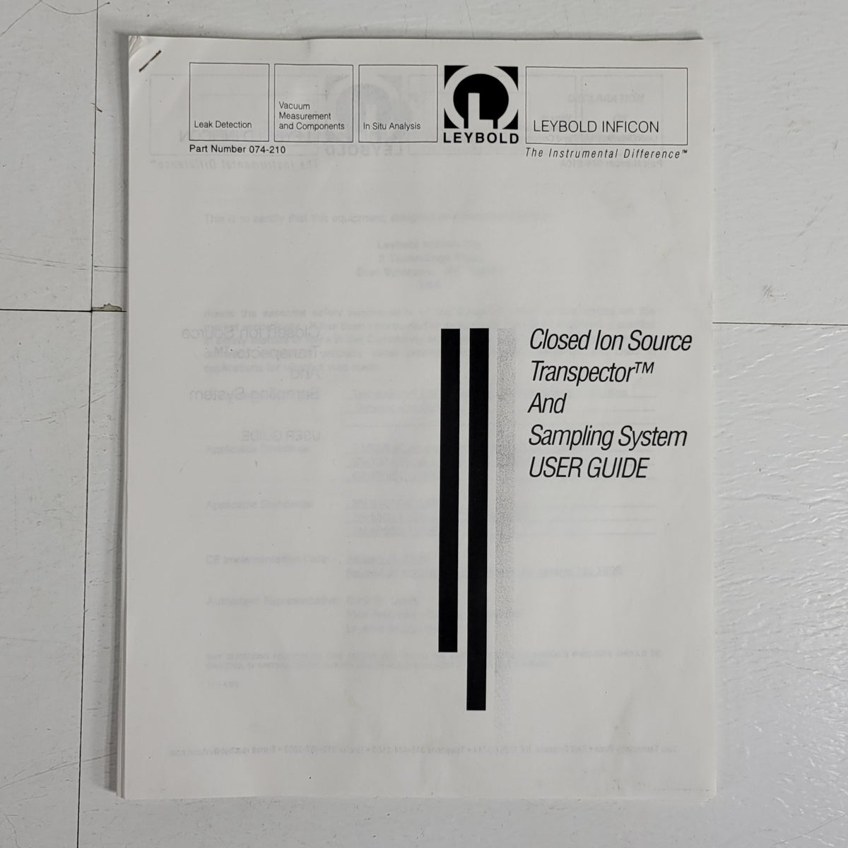 Leybold 074-210 Closed Ion Source Transpector & Sampling System User Guide 1995
