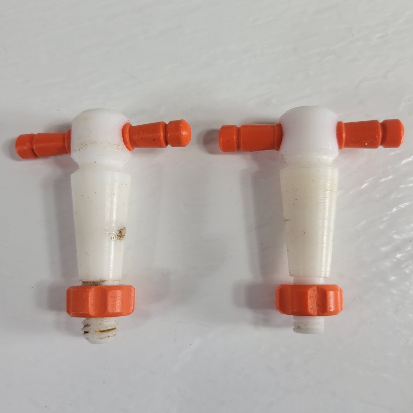 Two PTFE 12.3/24mm 2mm Bore Tapered Stopcocks for Glassware in Labs, Orange