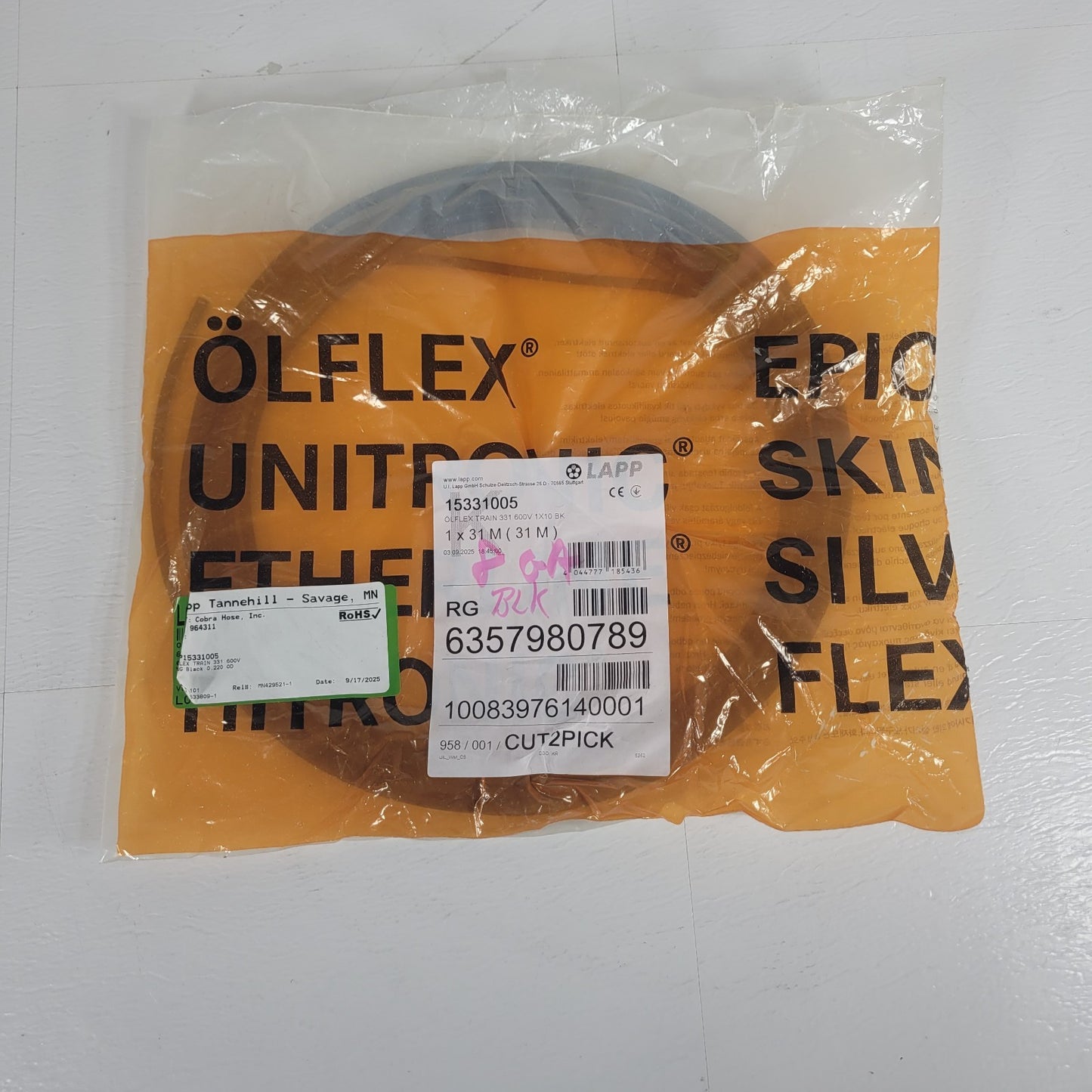 Partial Reel 21 ft LAPP Tannehill1 5331005 Olflex Train 331 600v 1x10 BK 8 GA