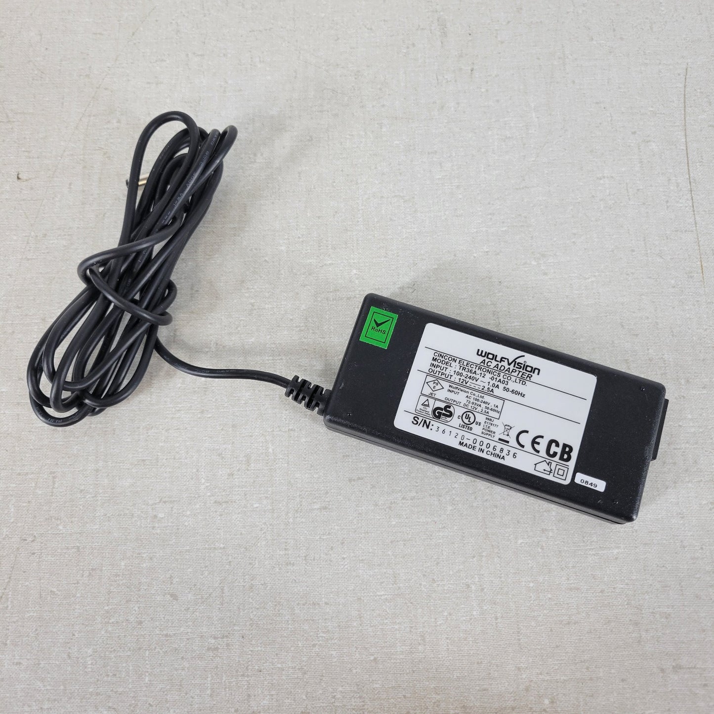 WolfVision Cincon TR36A12 12V 2.5A AC/DC Power Adapter No Cord