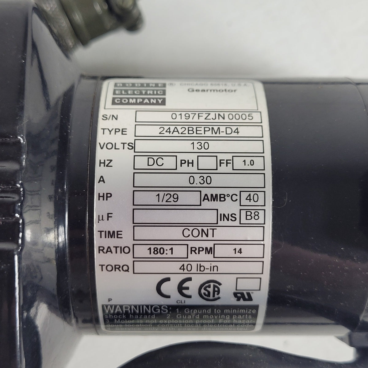 Bodine 24A2BEPM-D4 0197 DC Gearmotor 130V 14 RPM 180:1 40 lb-in 1/29HP New