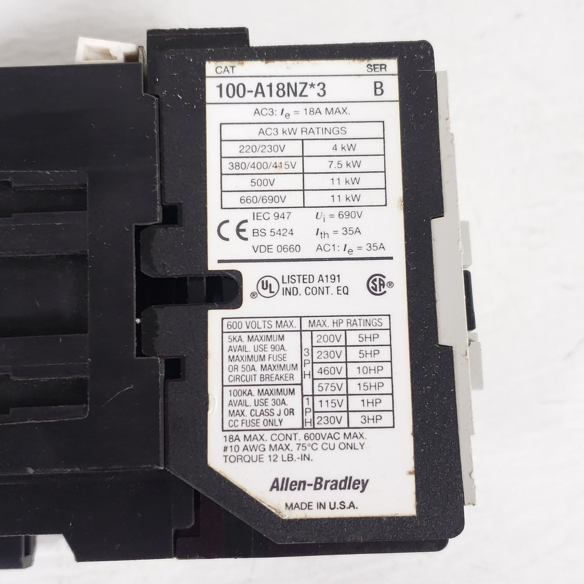 Allen-Bradley 100-A18NZ243 Series B 18A Contactor 24VDC Coil 3P+1NO