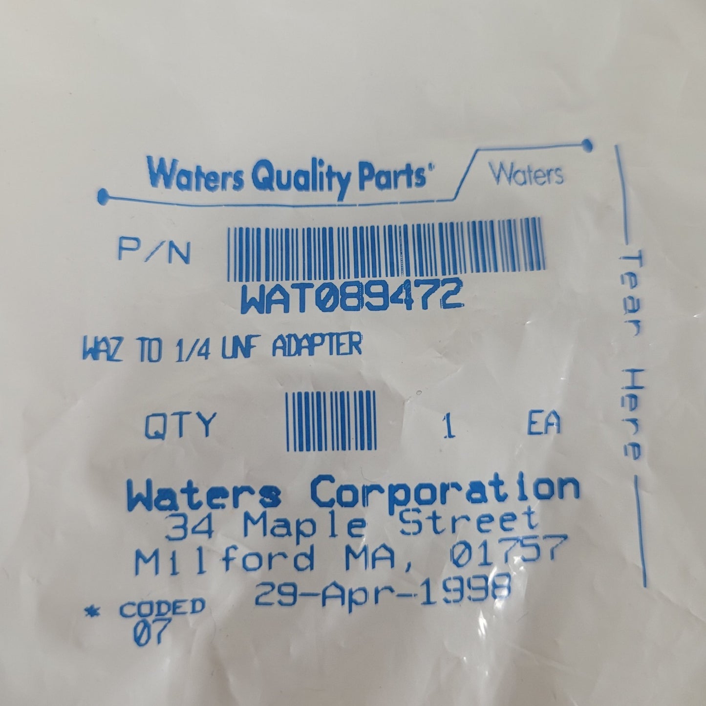Waters WAT089472 WAZ to 1/4-UNF Adapter Protein-Pak SEC HPLC Column Fitting