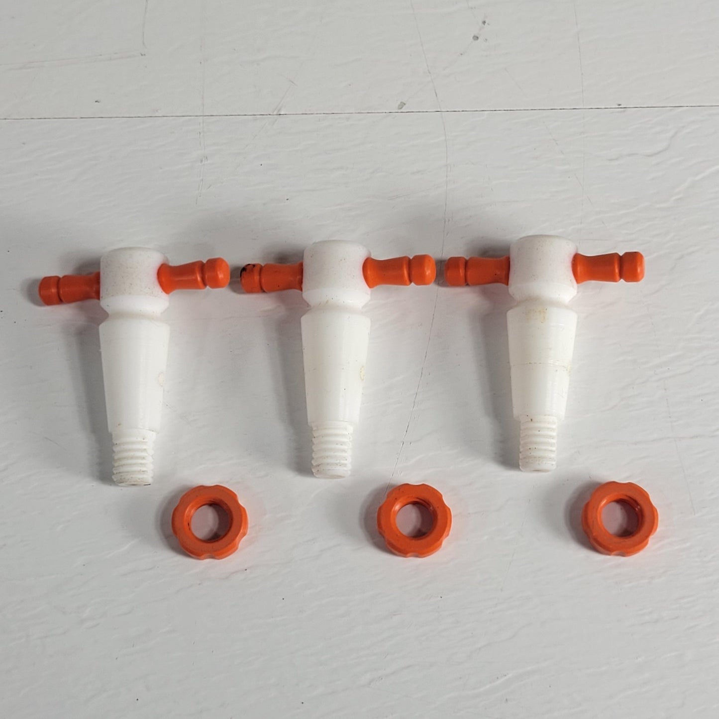 Three PTFE 17/27mm 3.5mm Bore Tapered Stopcocks for Glassware in Labs, Orange
