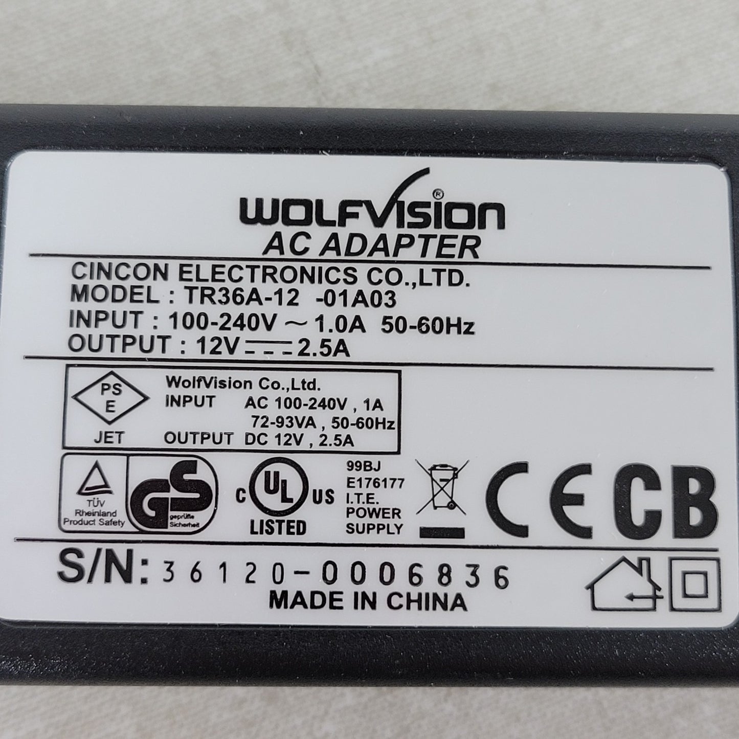 WolfVision Cincon TR36A12 12V 2.5A AC/DC Power Adapter No Cord