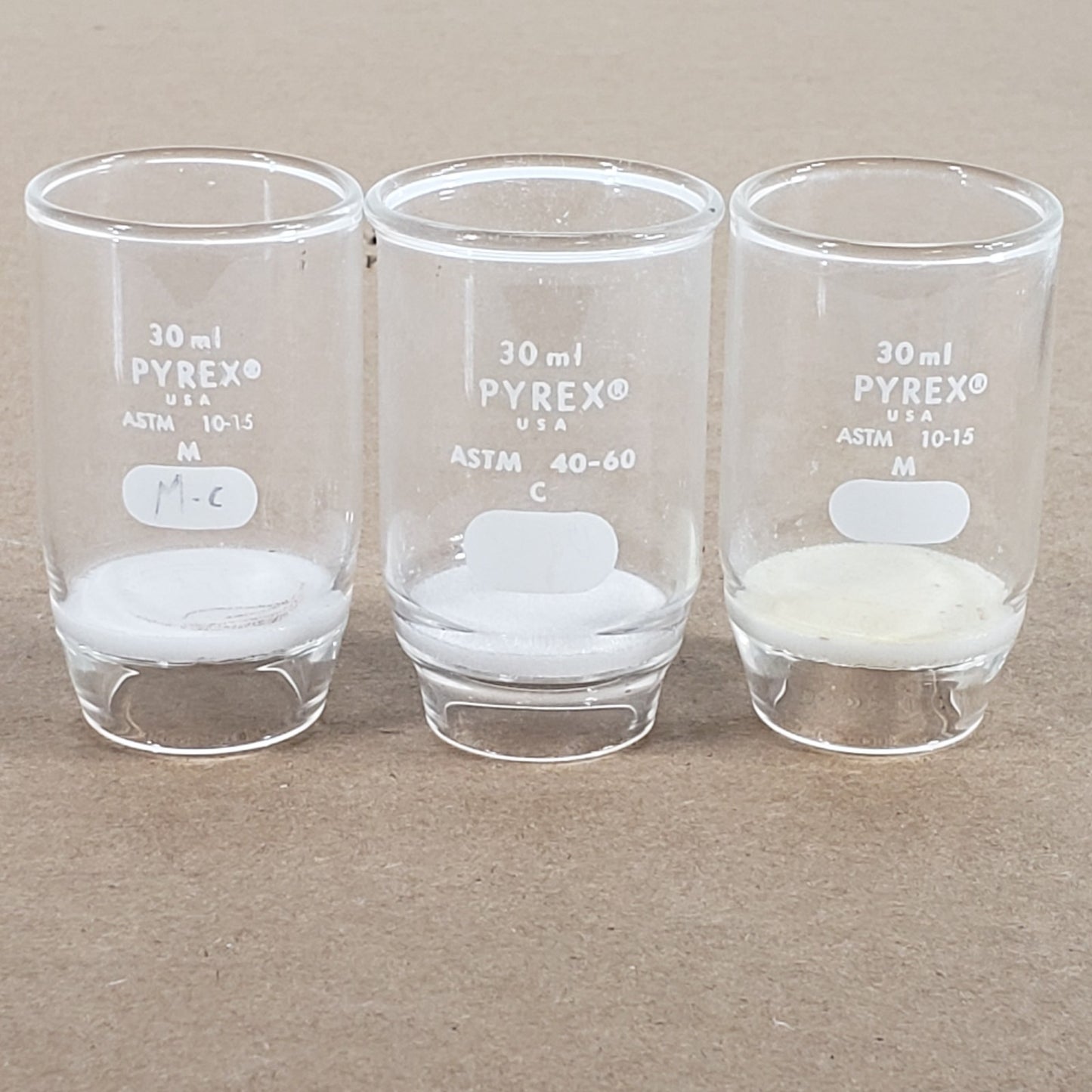 Lot of 3 Corning Pyrex 32940-30C/M 30mm Coarse/Medium Fritted Gooch Crucibles