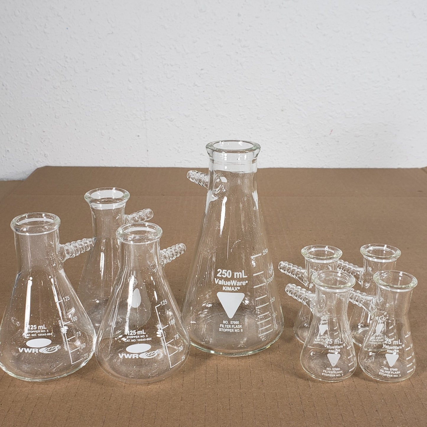 Lot Of 8 Valueware/VWR/Pyrex 57060-250/25/10545-864 250/125/25mL Filter Flasks