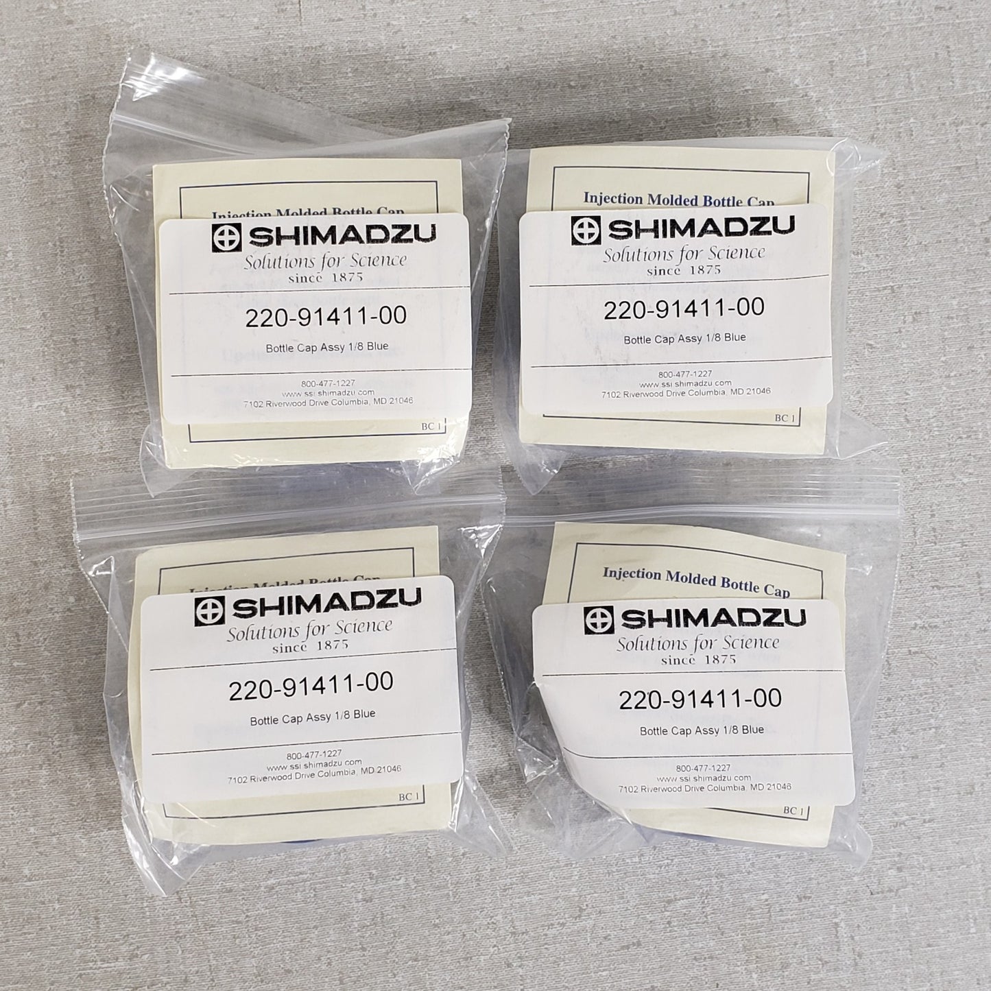 Lot of 4 Shimadzu 220-91411-00 Blue Injection Molded Bottle Cap Assemblies
