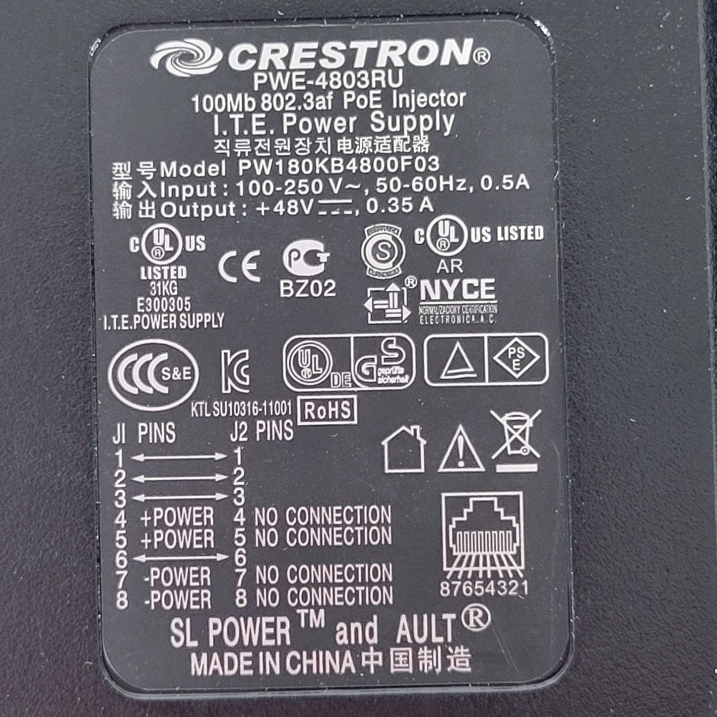 Pack of 2 CRESTRON 100Mb 802.3af PoE INJECTOR PWE-4803RU I.T.E. Power Supply