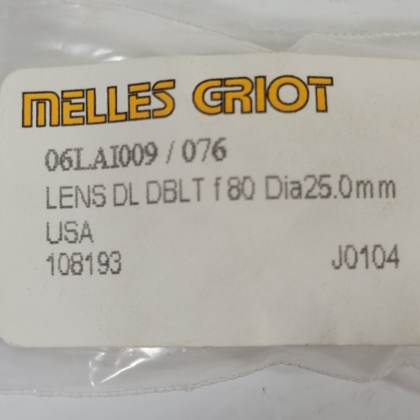 Melles Griot 06LAI007/076 25mm Dia 80mm EFL Achromatic Doublet Lens