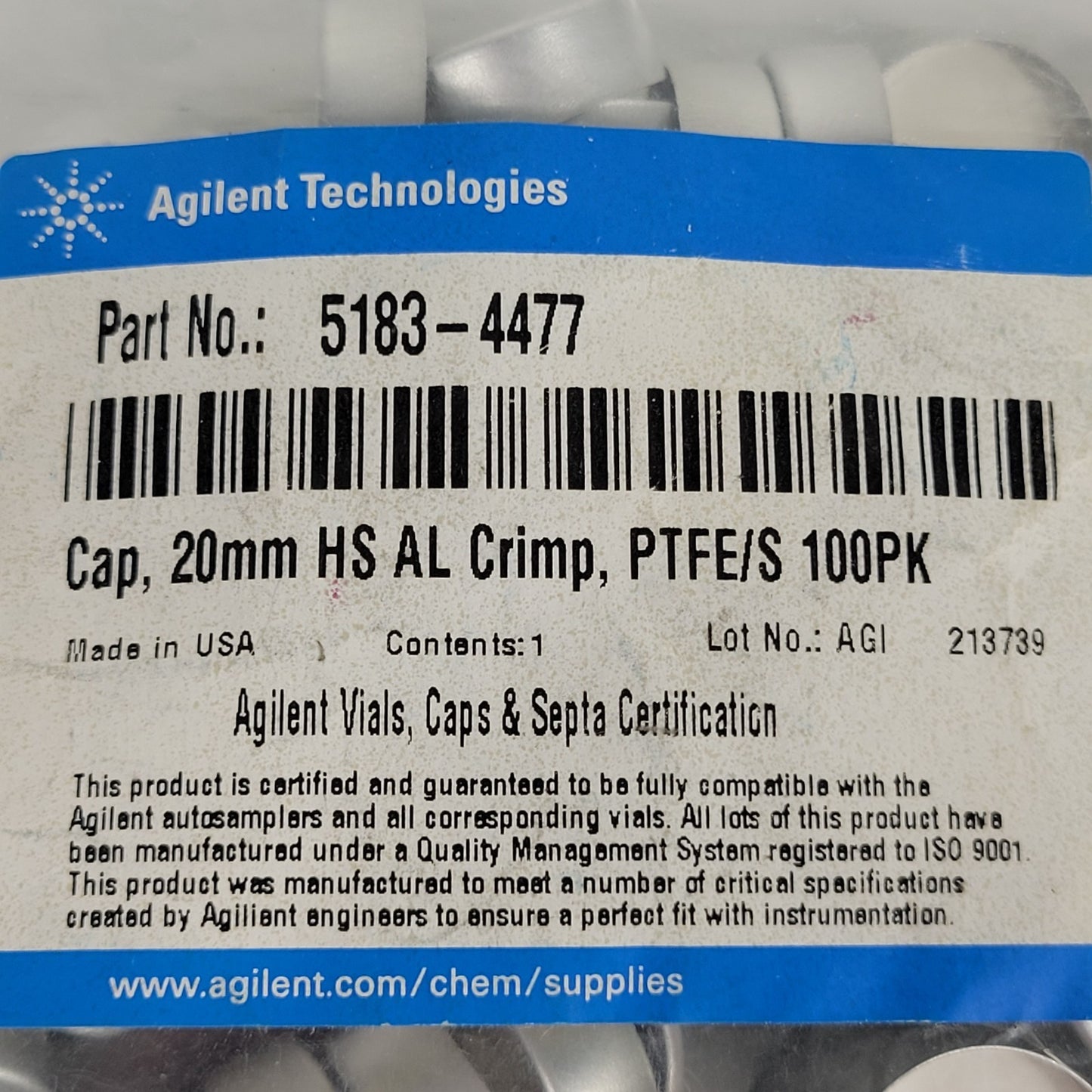 Agilent 5040-4669 Manual Crimper + 5183-4477 20mm PTFE/Silicone Caps 100pk