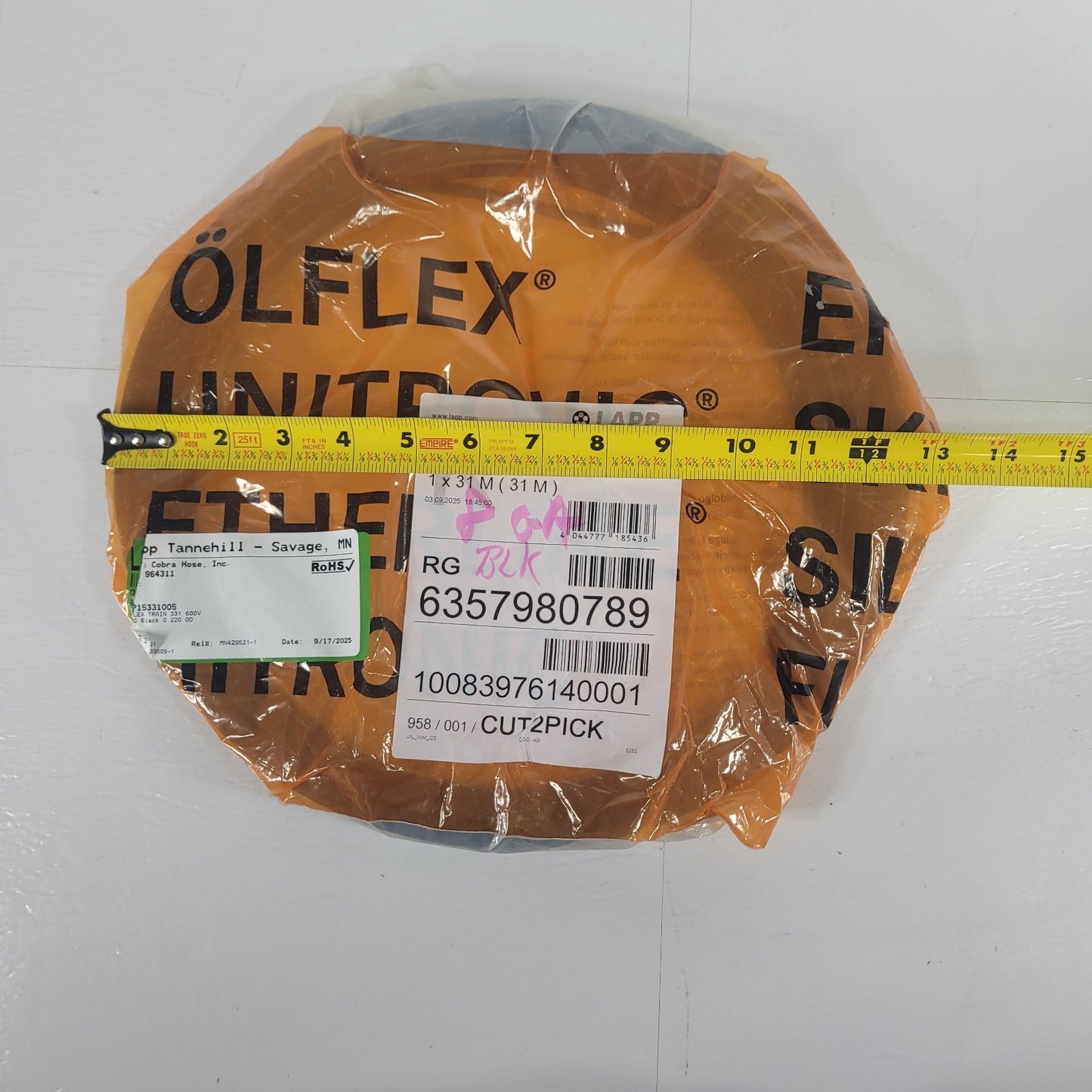 Partial Reel 21 ft LAPP Tannehill1 5331005 Olflex Train 331 600v 1x10 BK 8 GA