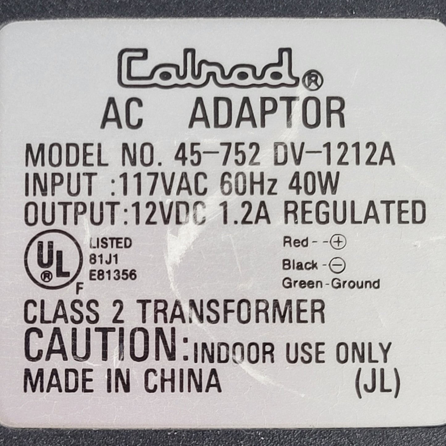 CALRAD 45-752 117VAC to 12VDC 1.2A Camera Power Supply 3-Pin