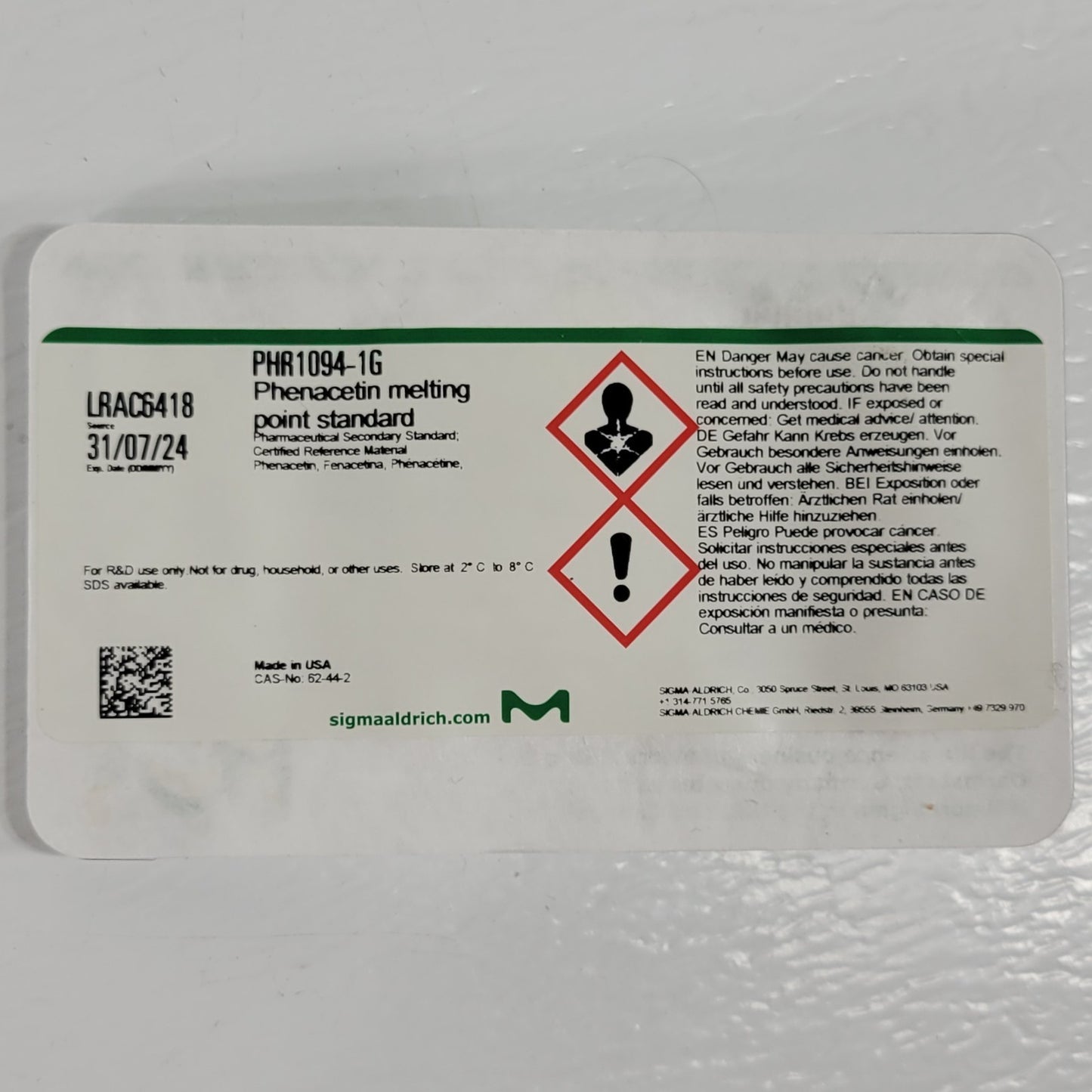 Expired Sigma-Aldrich PHR1094-1G CRM Melting Point Standard 1g