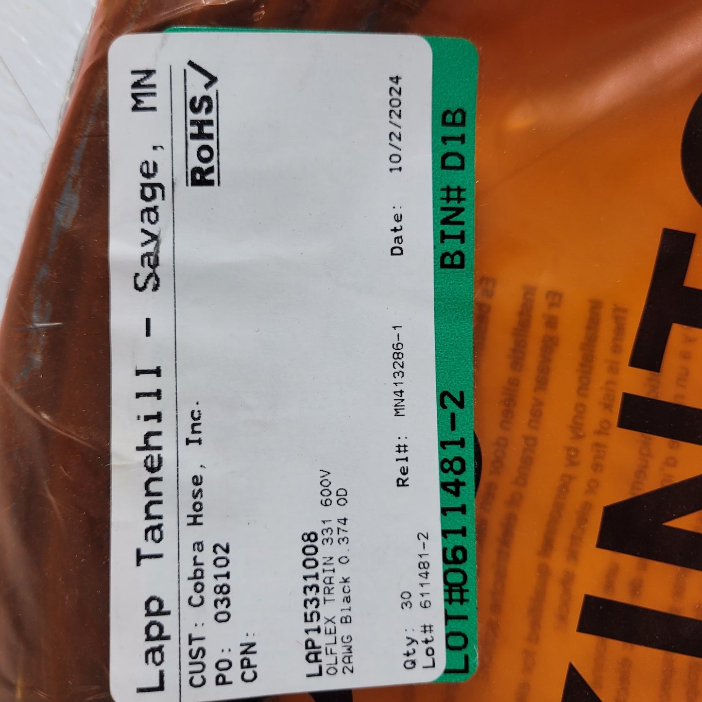 Lapp Tannehill 15331008 Olflex Train 331 600v 1x35 BK 1x10M 30 ft Black Cable