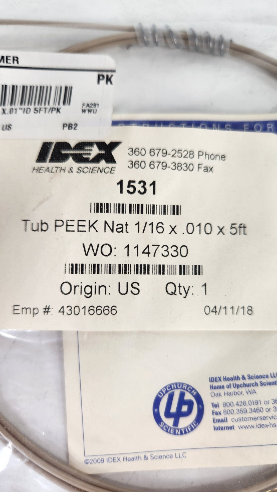 IDEX Upchurch 1531 PEEK Tubing 1/16" OD x .010" ID x 5ft Natural HPLC