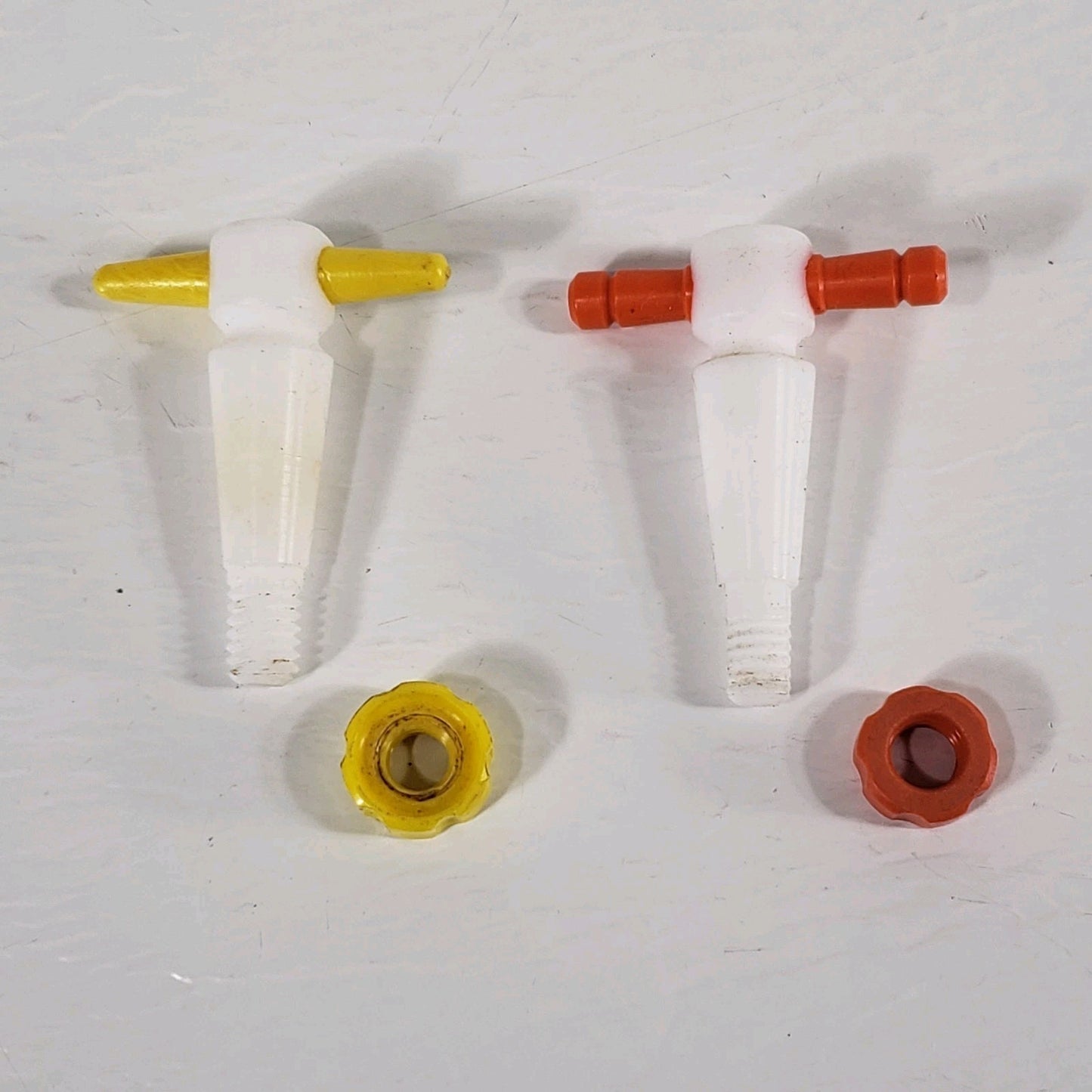 Two PTFE 13/25mm 2mm Bore Tapered Stopcocks for Glassware, Yellow & Orange