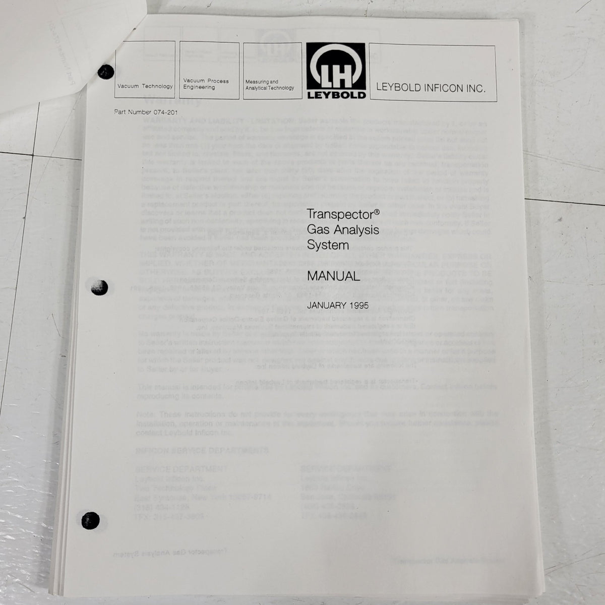 Leybold INFICON 074-201 Transpector Gas Analysis System RGA Manual 1995