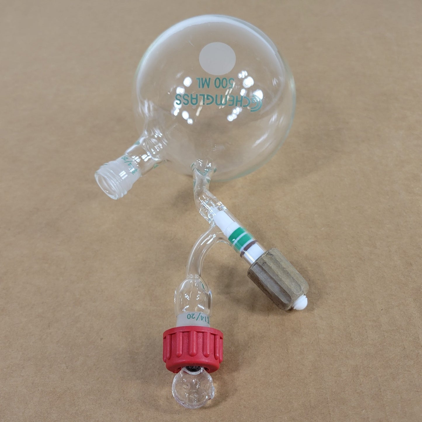 Chemglass 500mL Airfree Schlenk Storage Flask 14/20 Sidearm 0-8mm Chem-Cap Valve