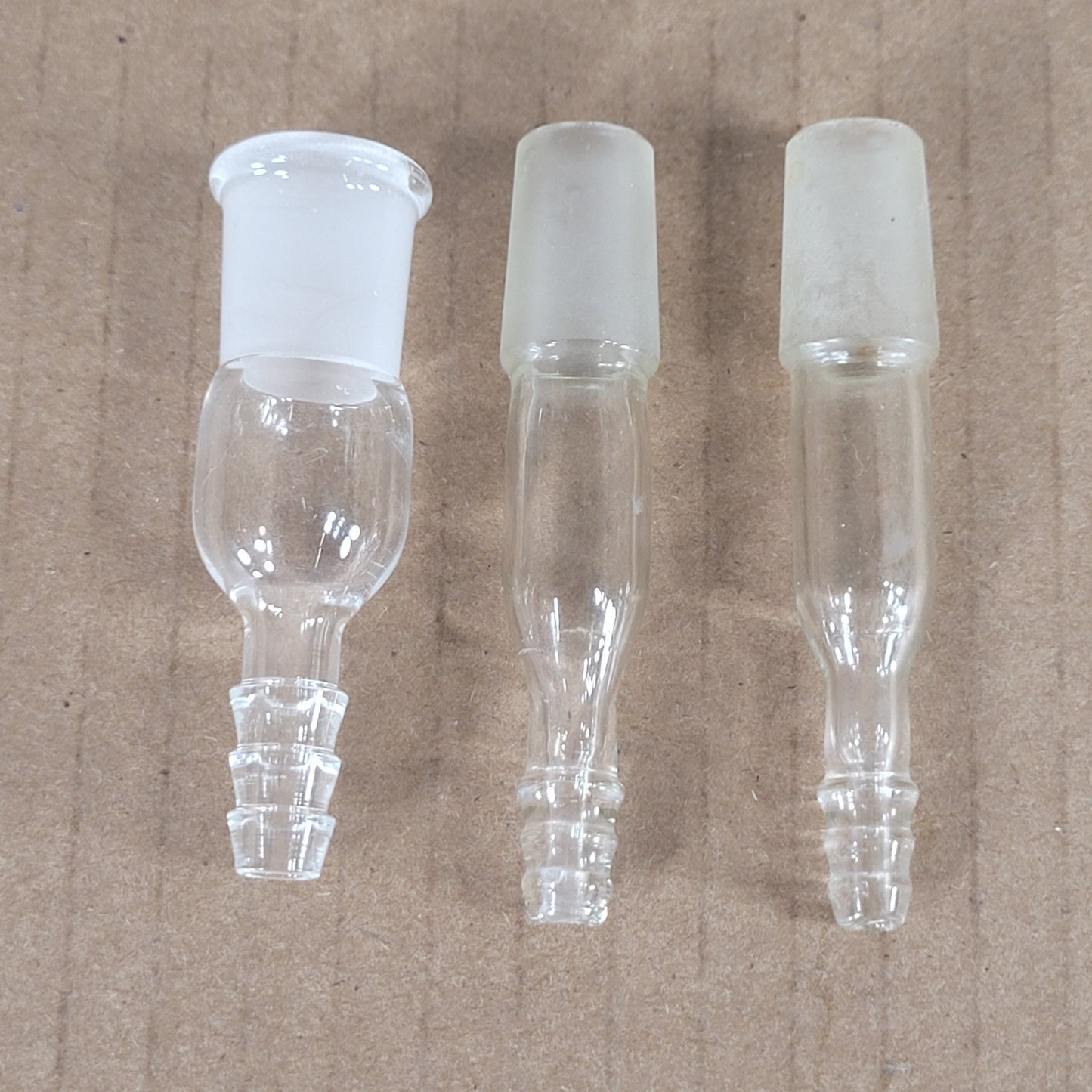 Lot of 3 Glass Adapters 180° 14/20 Inner/Outer Joint to 3/8 & 1/4" Barbed Hose