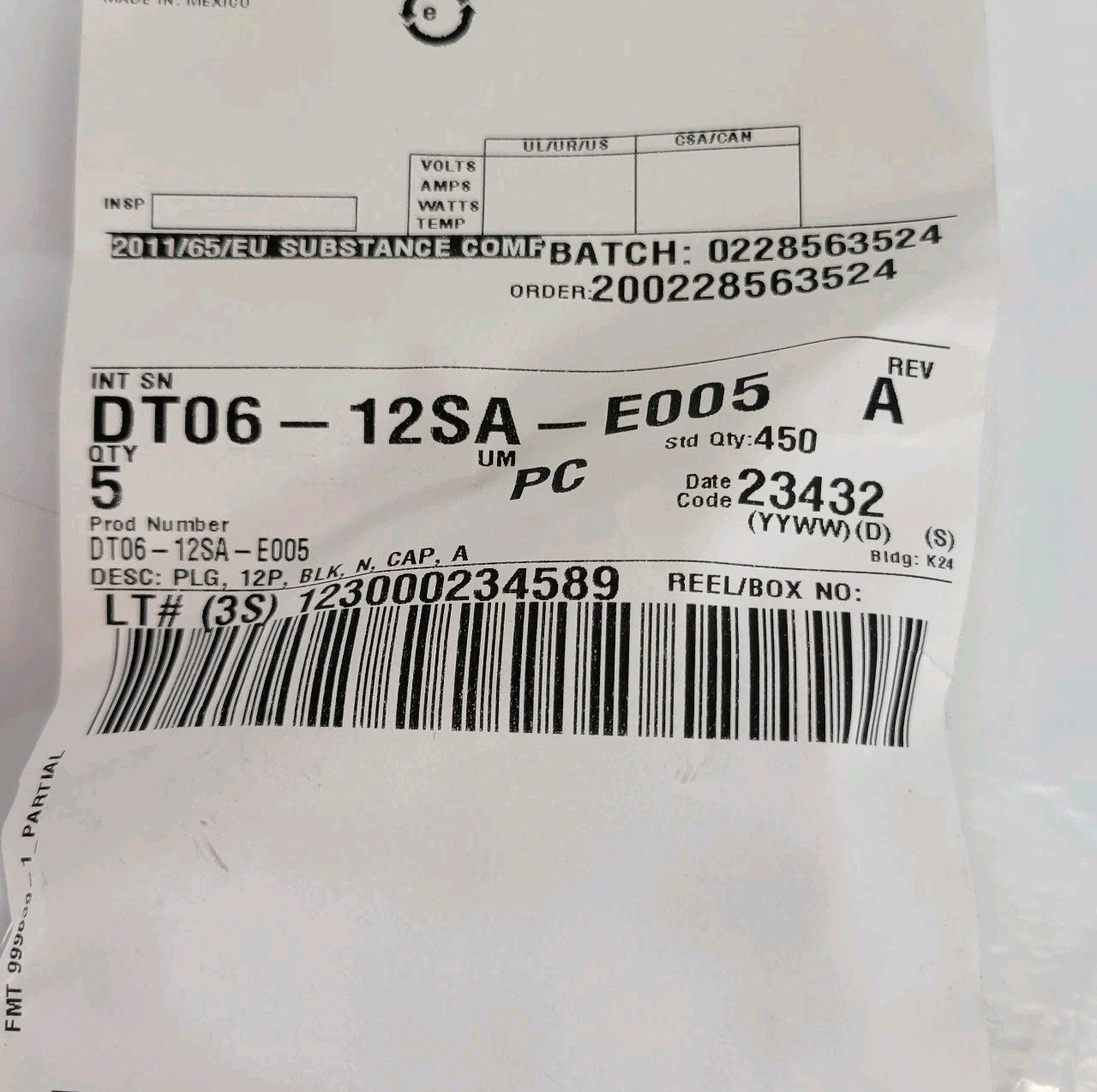 TE Connectivity DEUTSCH 5 Count DT06-12SA-E005 12 Pos Plug Housing Black