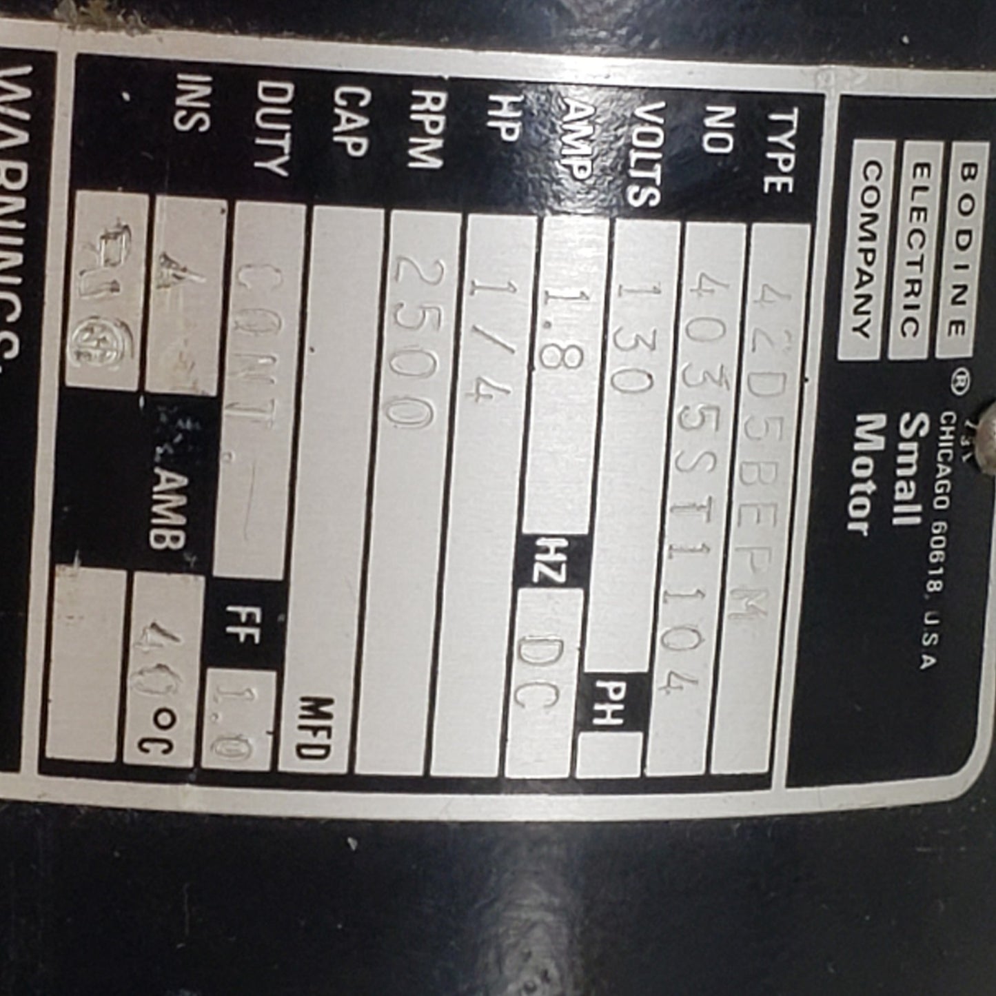 Bodine Electric Company 42D5BEPM Permanent Magnet DC Motor 1/4 HP Single Phase