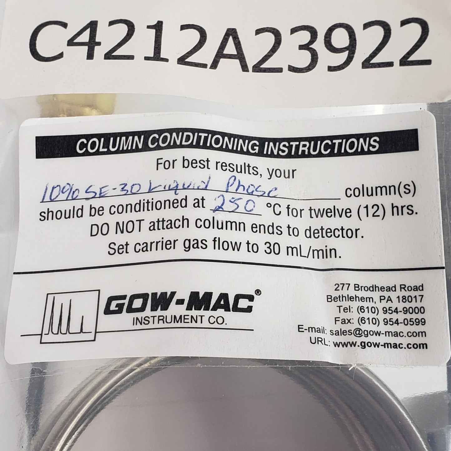 GOW-MAC C4212A13922 Stainless Steel Gas Chromatography Column for Complex Mixes