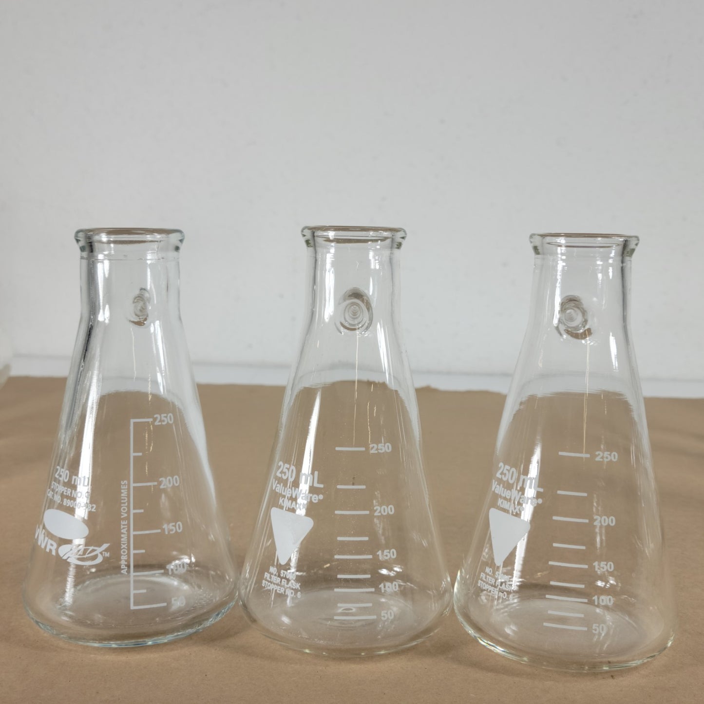Lot of 3 Filter Flasks 2 Valueware 57060-250 & 1 VWR 89000-382 250mL #6 Stopper
