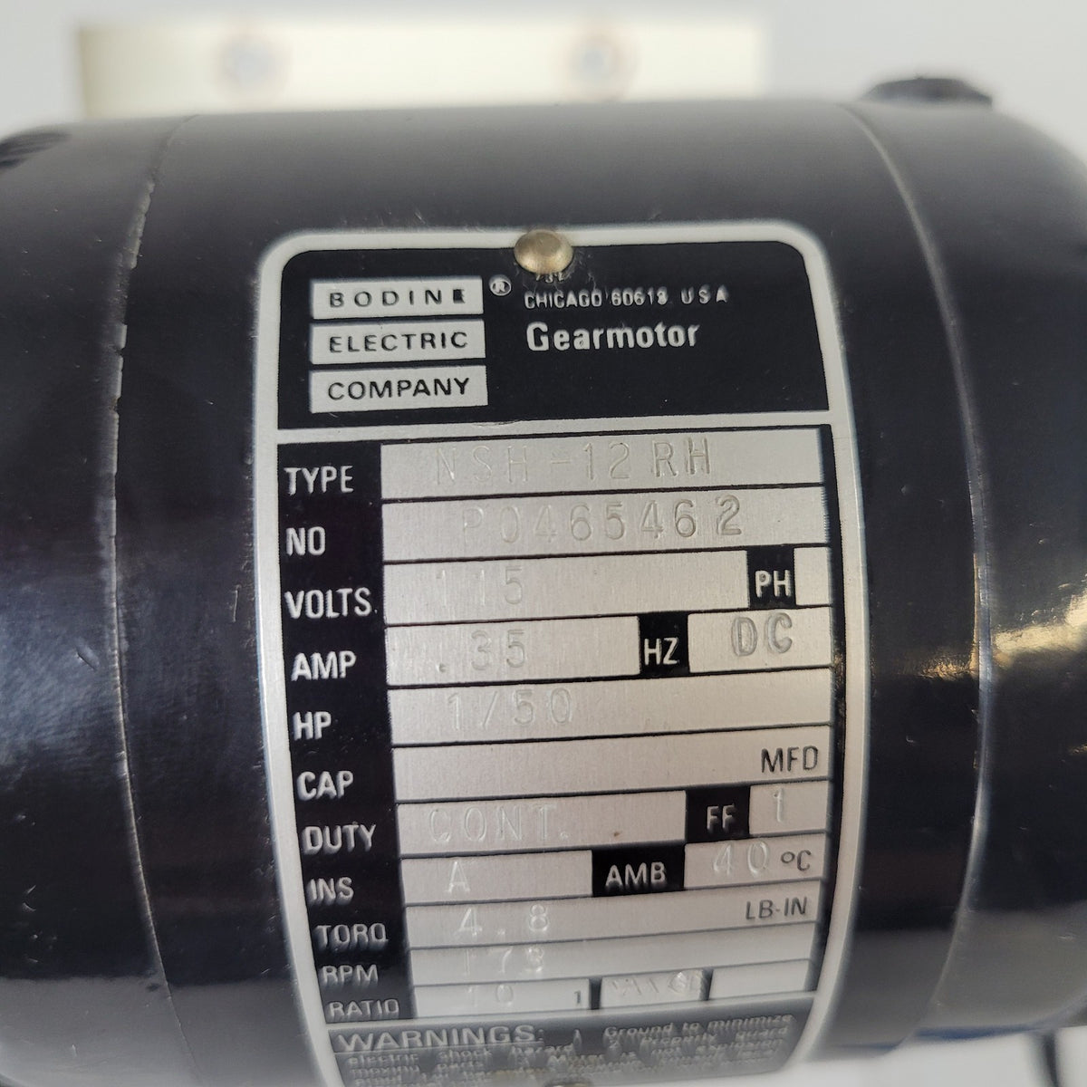 Bodine NSH-12RH P0465462 DC Gearmotor 115VDC 173RPM 10:1 1/50HP 4.8 lb-in