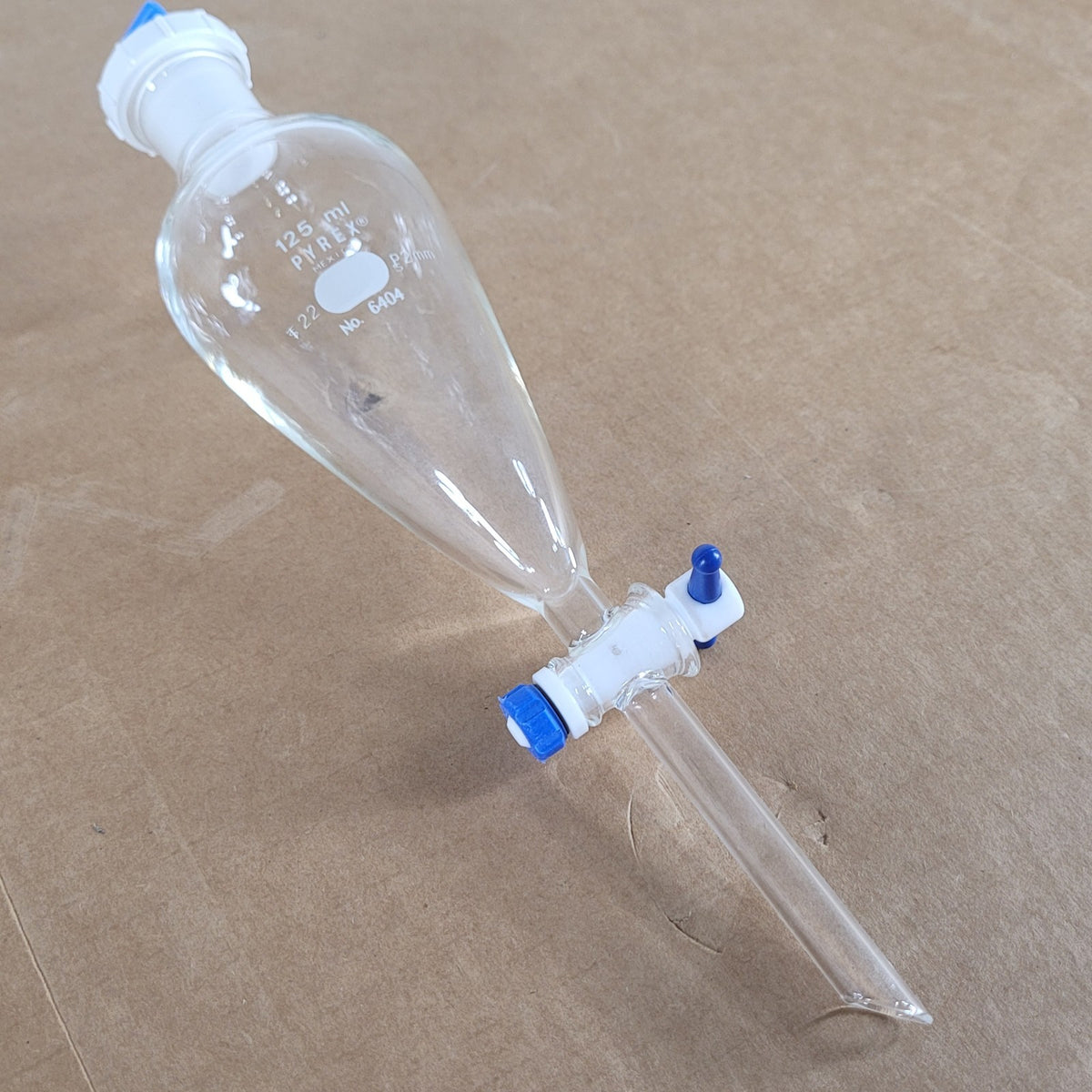 Corning Pyrex 6404 125mL Glass Separatory Funnel w/ PTFE Stopcock 22mm Stopper