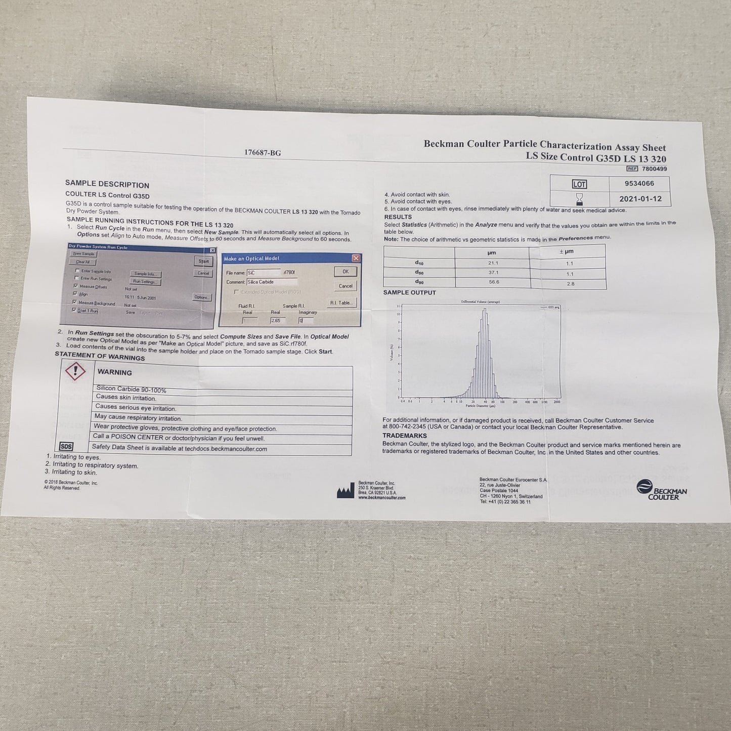 Beckman Coulter 7800499 LS Control G35D 35um SiC Dry Powder Standard 130g